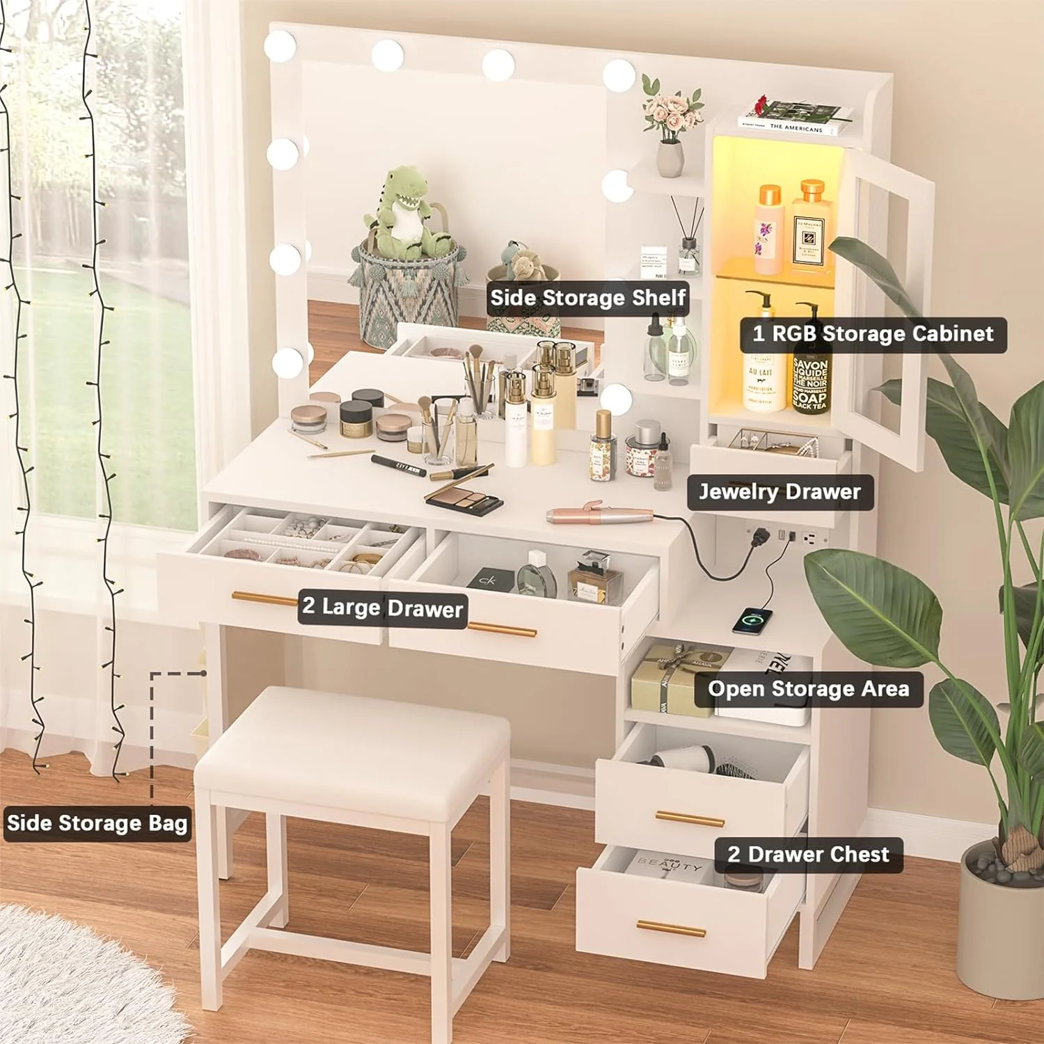 Makeup Vanity Desk with Mirror and Lights, White Vanity Desk with Charging Station, LED Cabinet, 5 Drawers & Storage Bag, Vanity Mirror with Lights Desk and Chair, Vanity Table Set with Stool