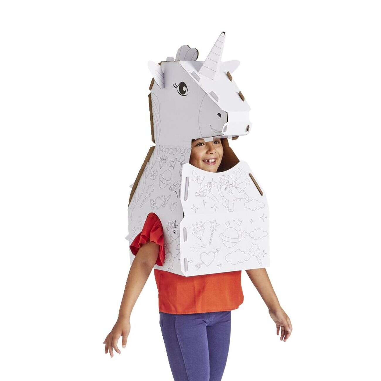 Costume en carton forme animal à colorier avec 6 feutres (2 modèles licorne ou dinosaure)