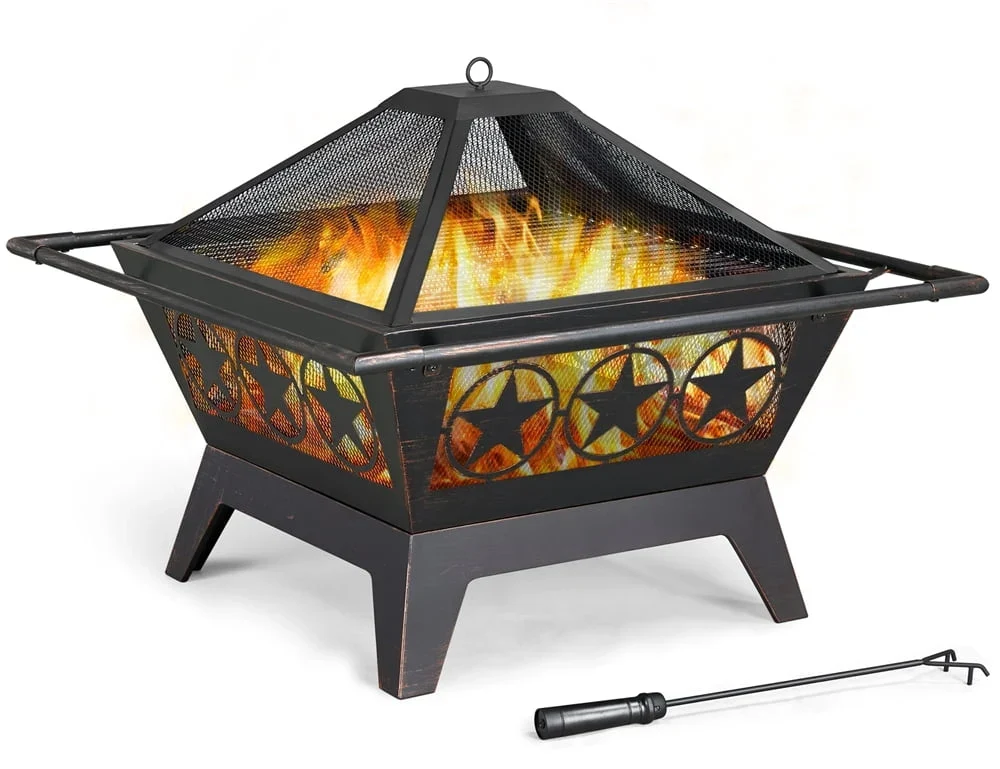Yaheetech Outdoor Round Iron Fire Pit with Mesh Cover and Grills, Bronze
