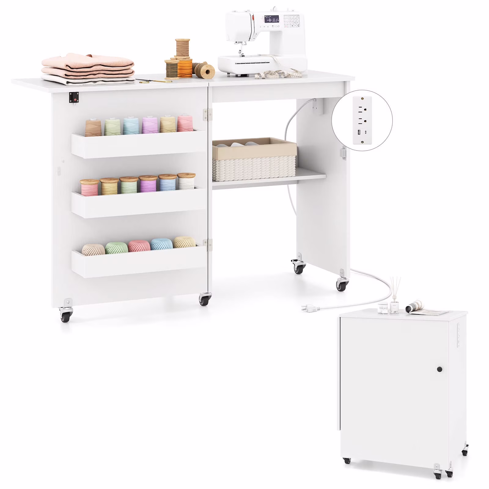 Folding Sewing Table Rolling Craft Station with 3 Storage Bins Charging Station White+natural(White+Natural) - Image 7