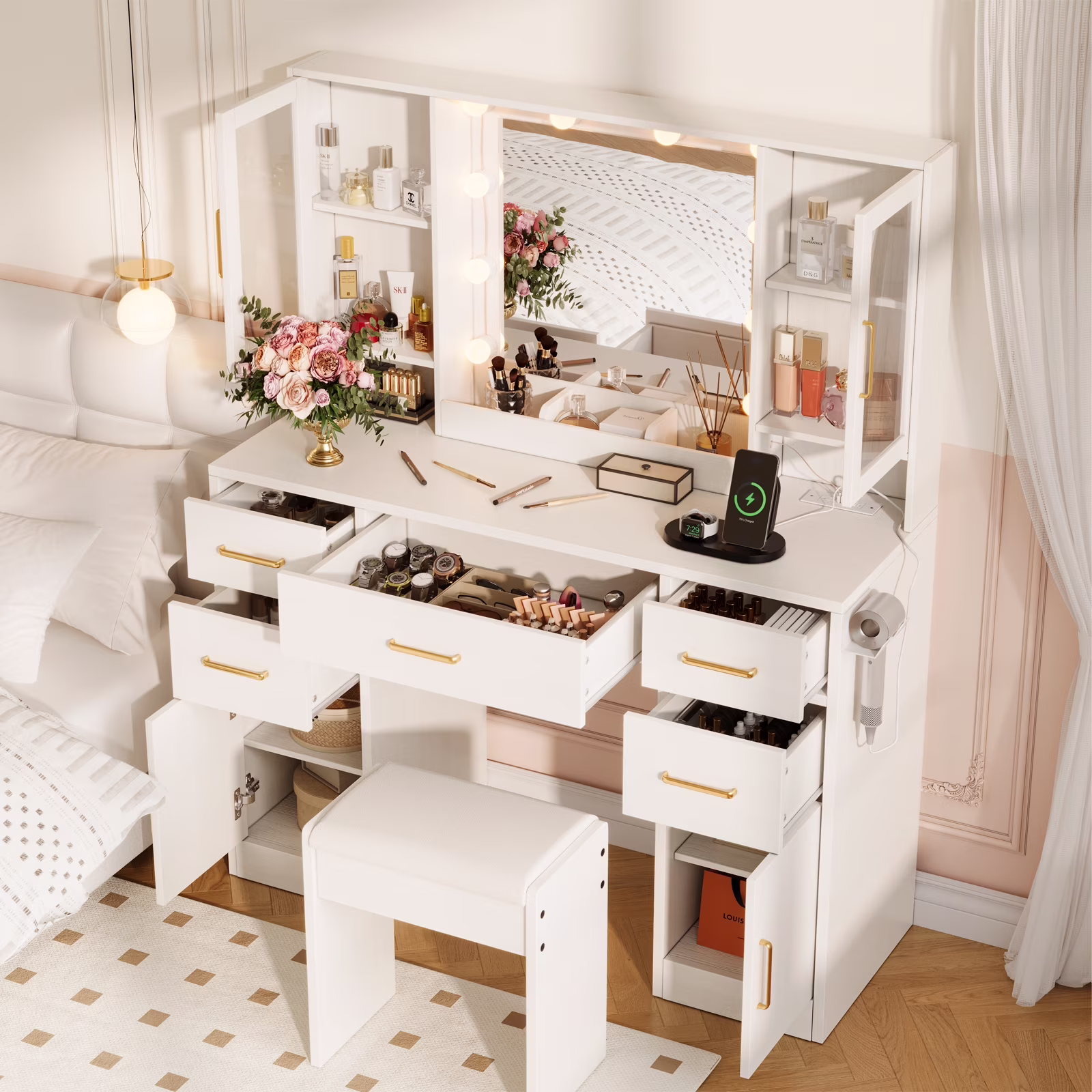 58.3" White Vanity Desk with Mirror, Adjustable Lighting, Power Outlet, Drawers, with Stool(58.3 Inch White) - Image 5