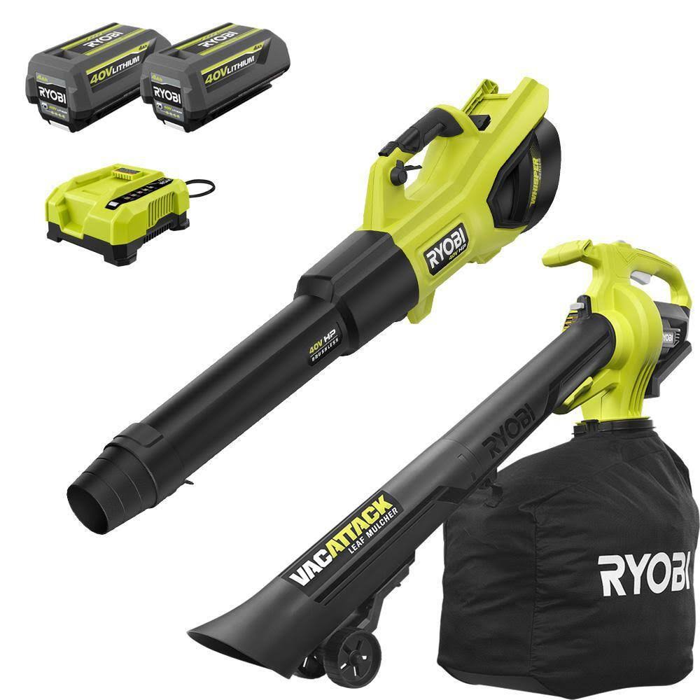 Ryobi 40V HP Brushless Whisper Series Cordless 730 CFM 190 MPH Blower and Vacuum/Mulcher with (2) 4.0 Ah Batteries and Charger