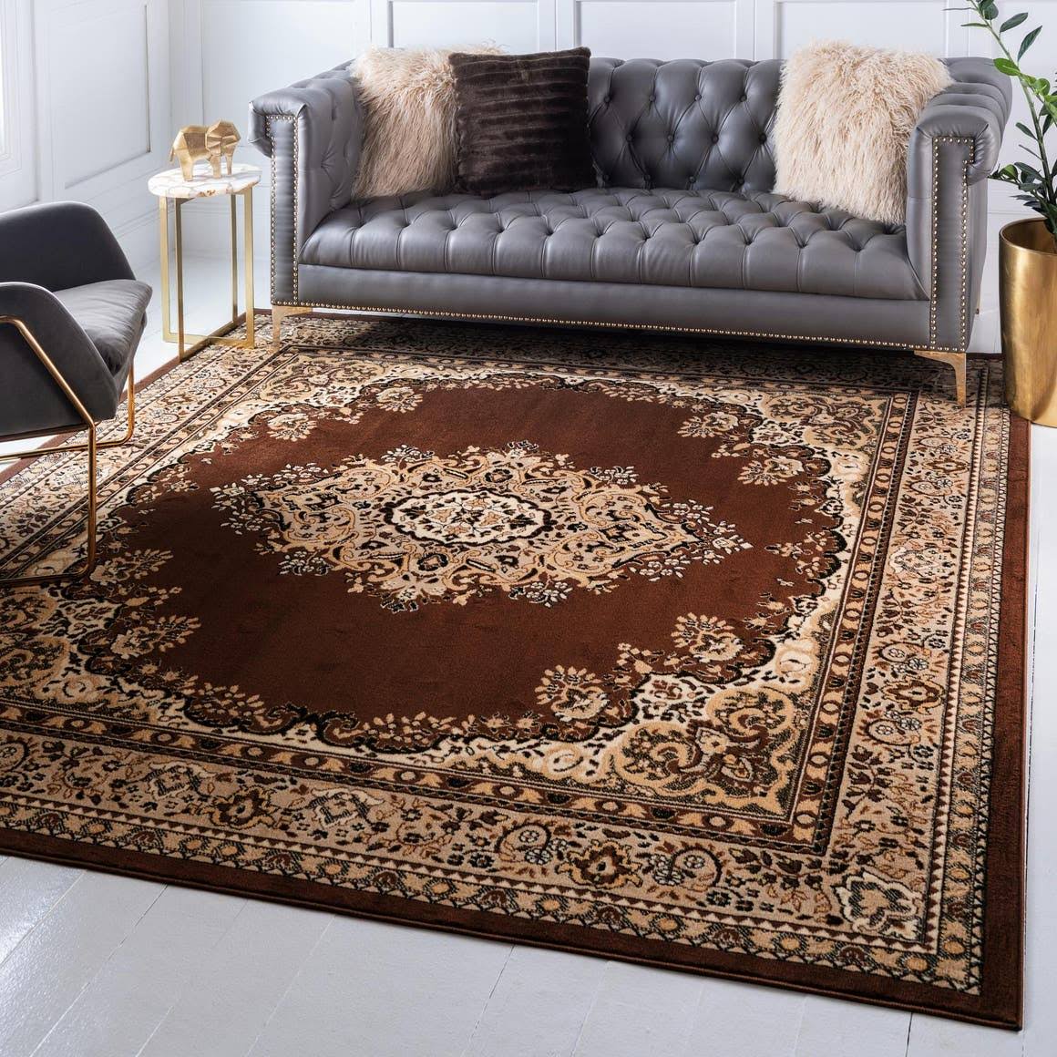 Mashad Design 5 ft Square Brown Area Rug