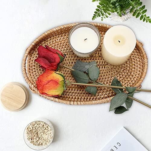 Hipiwe Basket Serving Tray With Handle Handwoven Rattan Wicker Basket Tray Organizer Fruit Bread Food Serving Baskets Home Decor Ottoman Trays