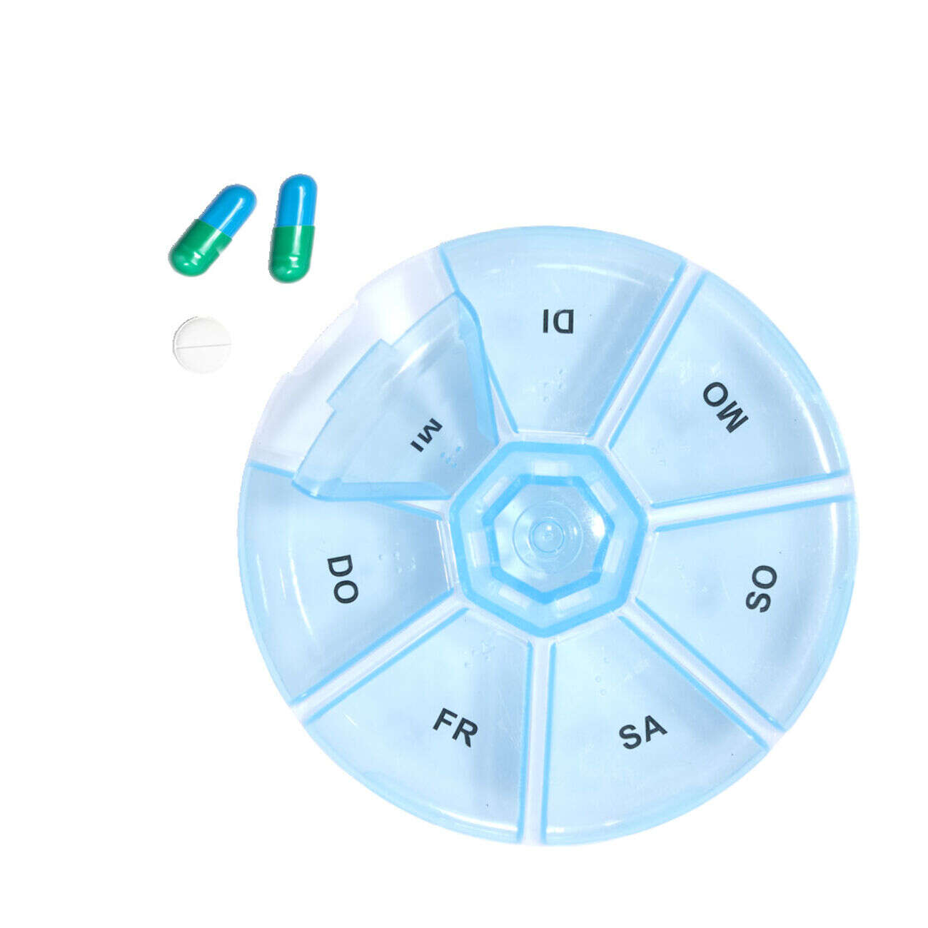 Pilulier 1 semaine 7 compartiments rond plastique bleu Ø8,5cm