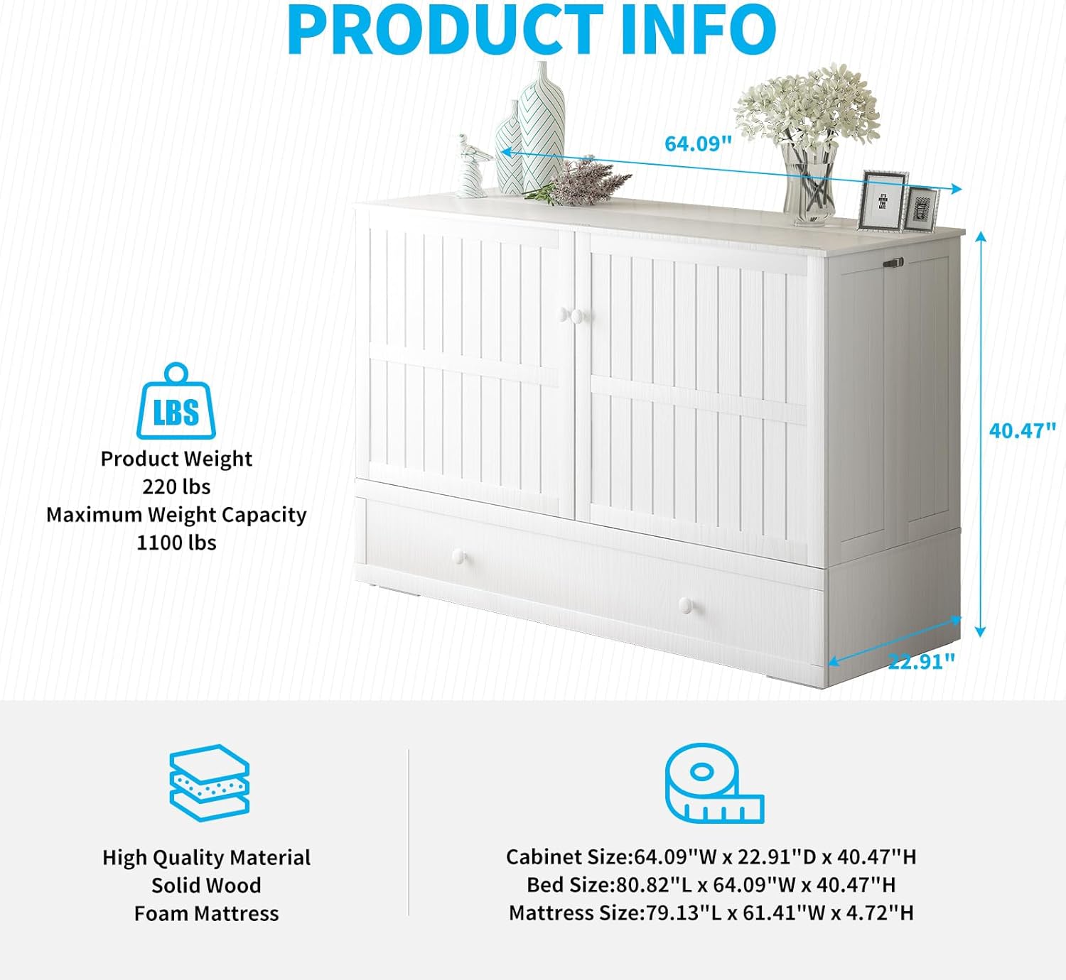 Mjkone Murphy Bed Queen Cabinet, Cube Cabinet Bed with Tri-Folding Mattress, Foldable Panel, Hidden Murphy Chest Beds with 2 Storage Drawers & USB Charging Station for Living Room Office, White