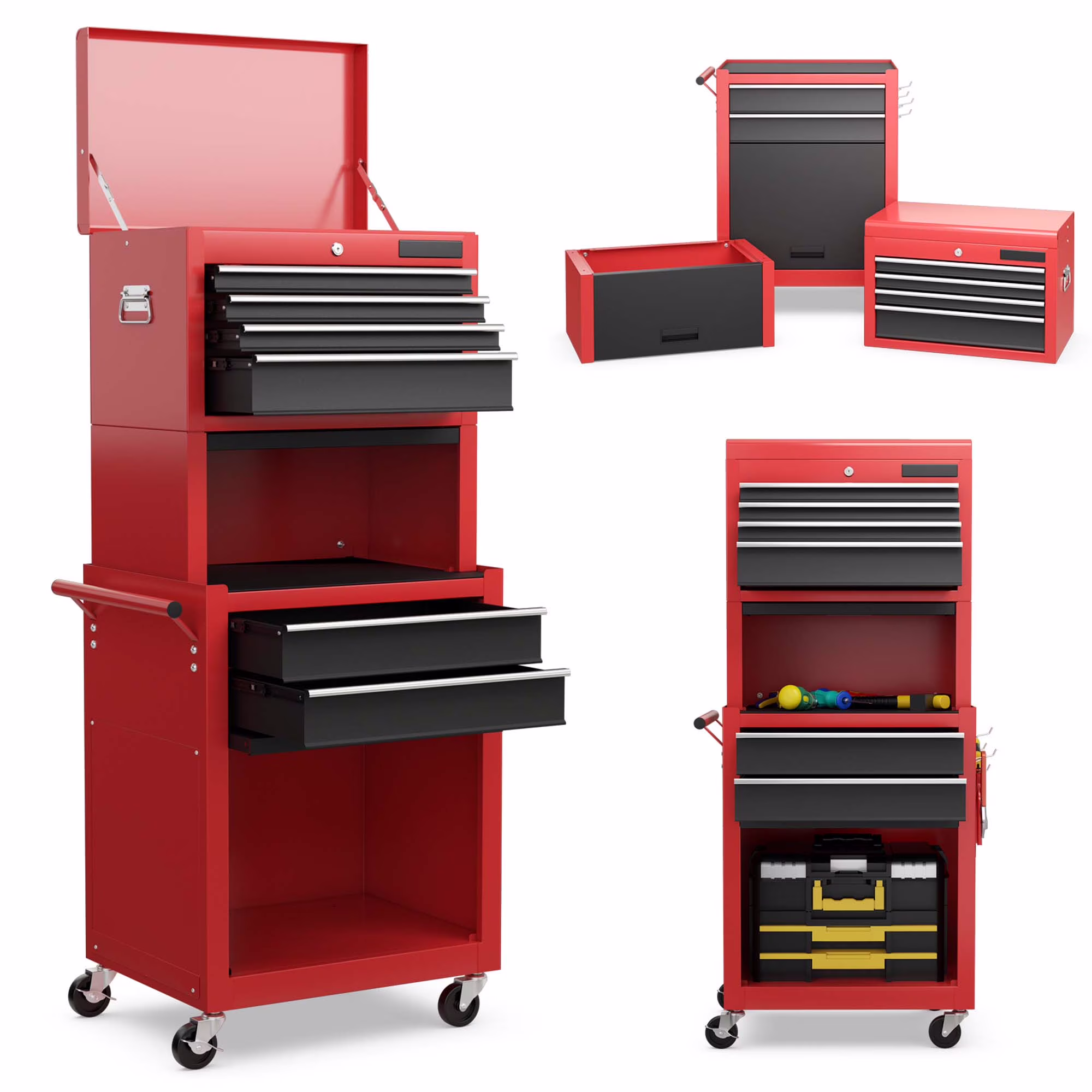 Costway, 60.5 lb, 23.5 Steel 6-Drawer Rolling Tool Cart with User Manual Black Red