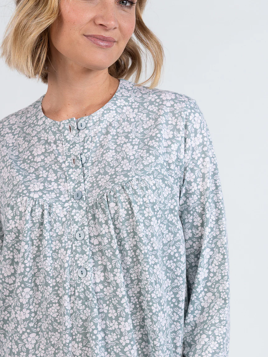 Chemise de nuit femme en coton floral vert sauge