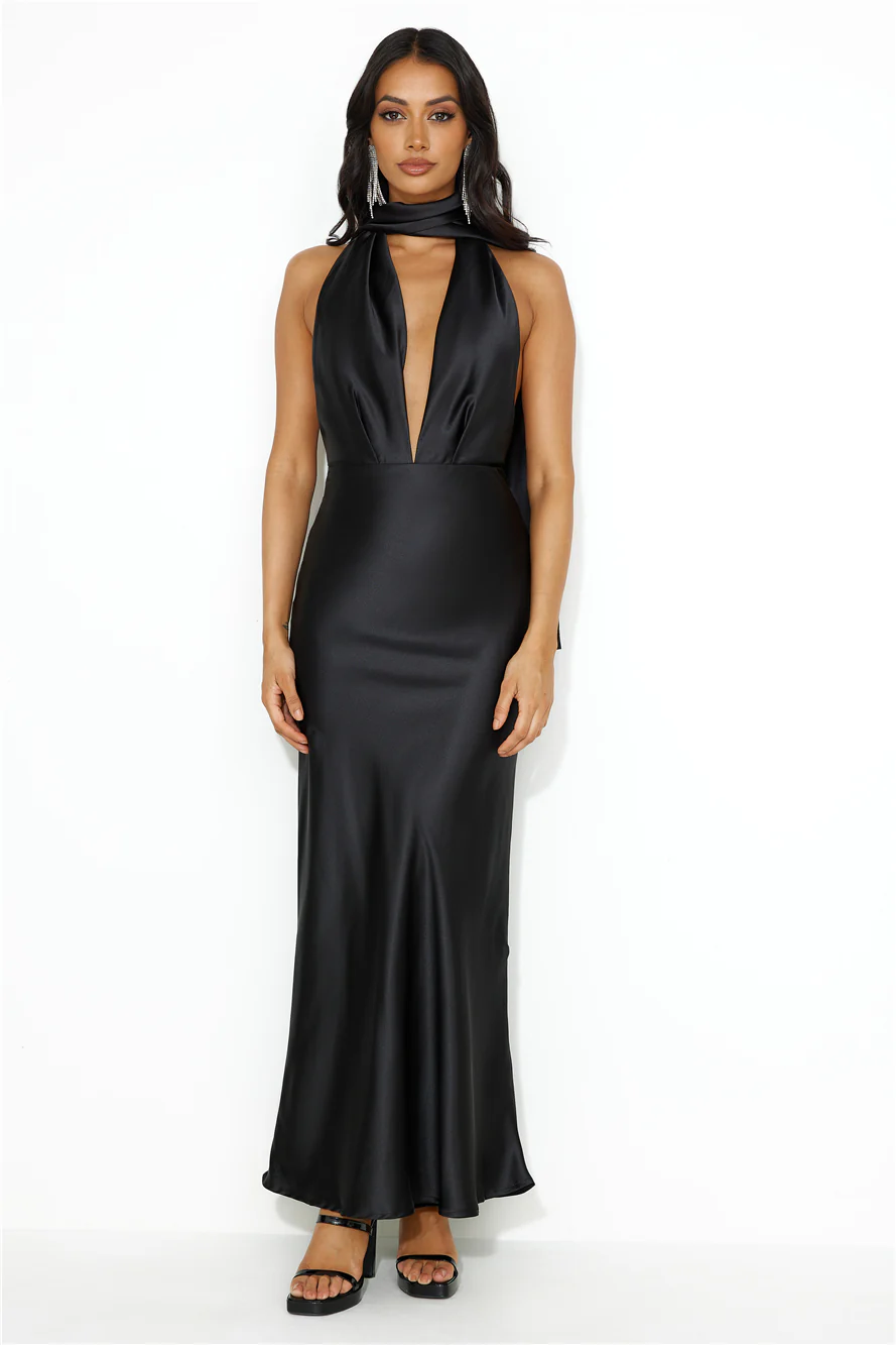 Pleased Satin Halter Maxi Dress Black