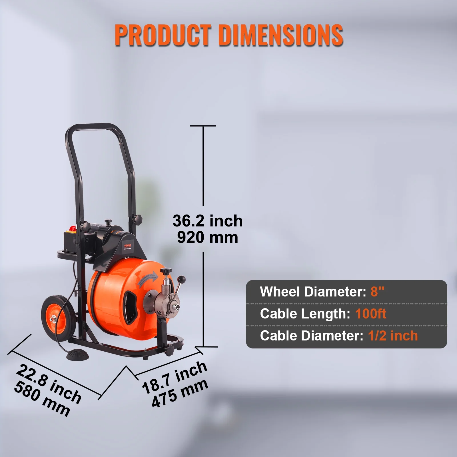 Drain Cleaner Machine 100 FT x 1/2 Inch, Sewer Auger Auto Feed with 4 Cutter Air-activated Foot Switch for 1" to 4" Pipes, Orange, Black - Image 7