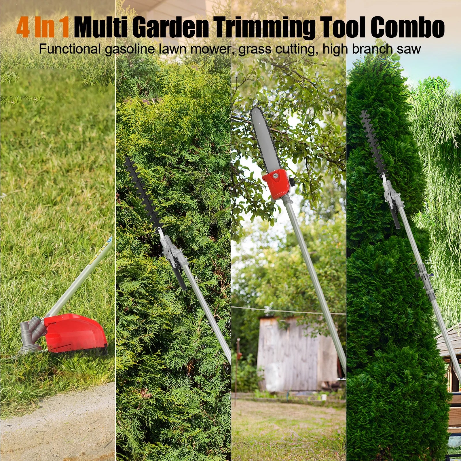 WETS 5 in 1 Garden Hedge Trimmer Combo,  52cc 2-Stroke Gas Powered Long Reach Pole Saw Grass String Trimmer Brush Tree Cutter Pruner Weed Eater Multi Functional Garden Trimming Tools