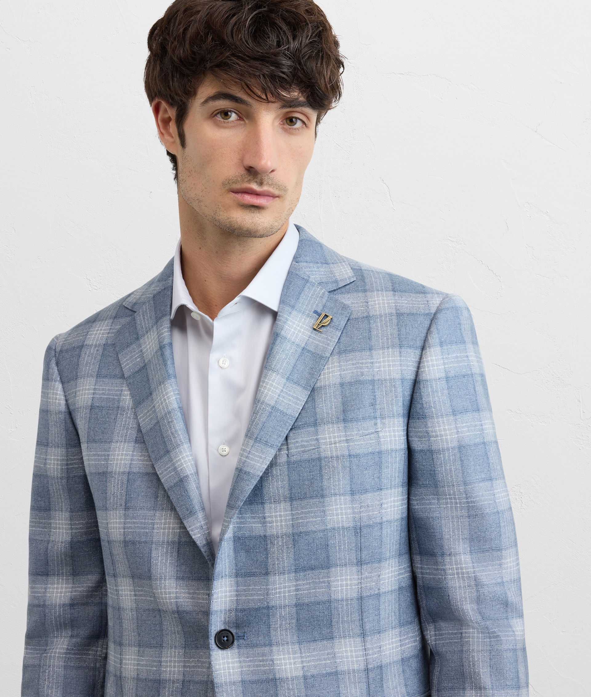 LIGHT BLUE CHECKED SILK AND CASHMERE VICENZA LINE HALF LINED JACKET
