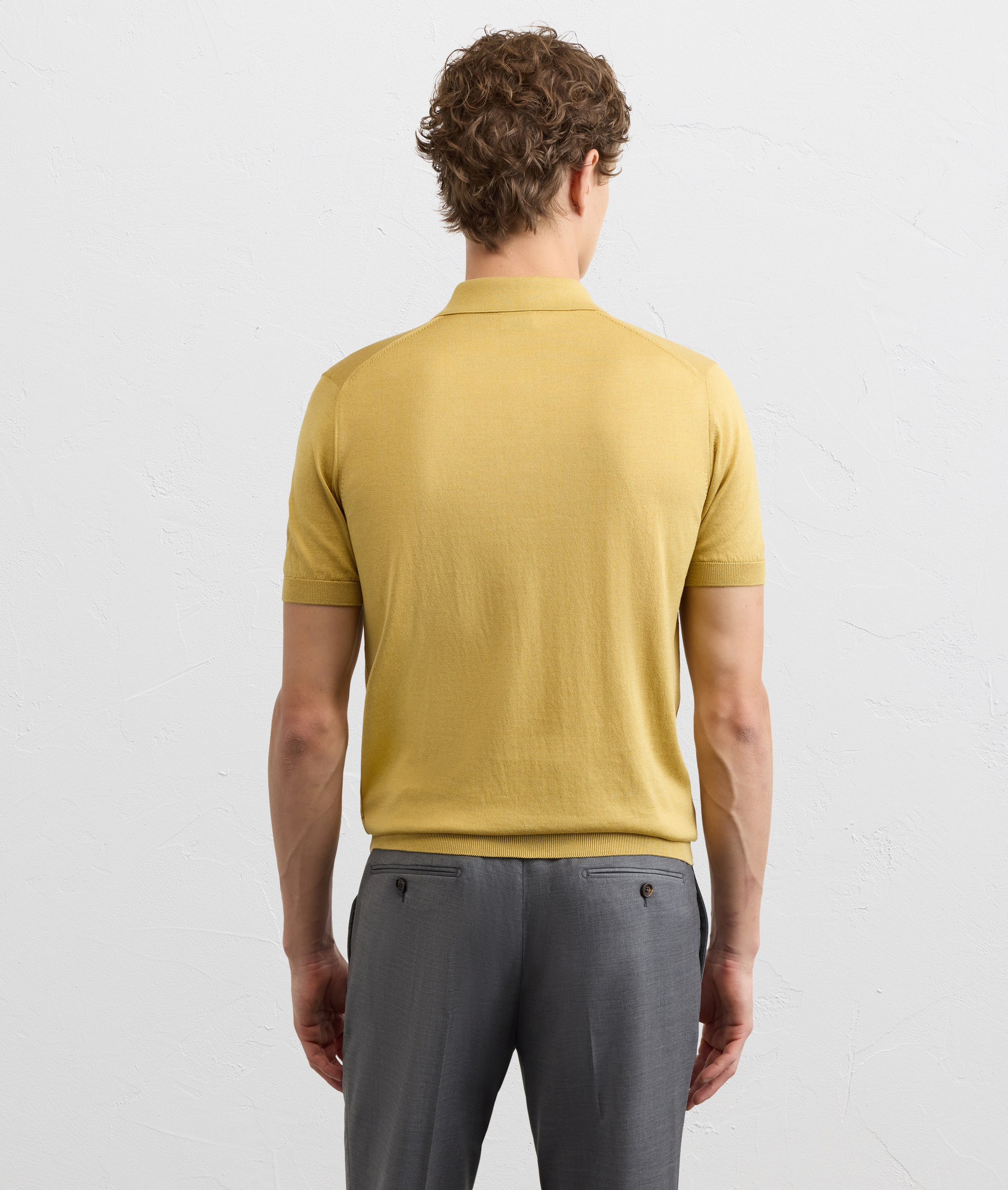 MUSTARD SILK AND COTTON KNITTED SHORT SLEEVED POLO SHIRT
