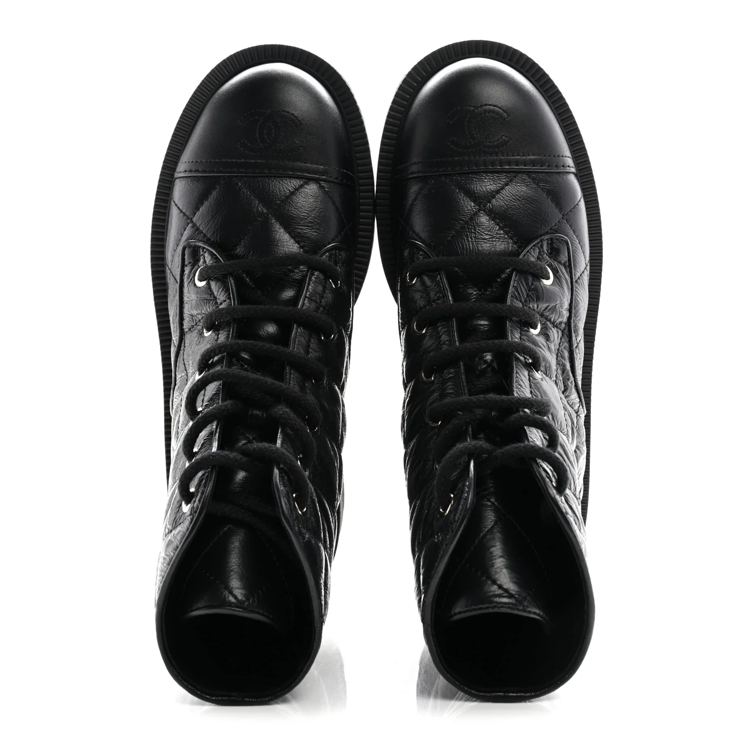 Crumpled Lambskin Quilted Platform Lace Up Combat Boots 39 Black