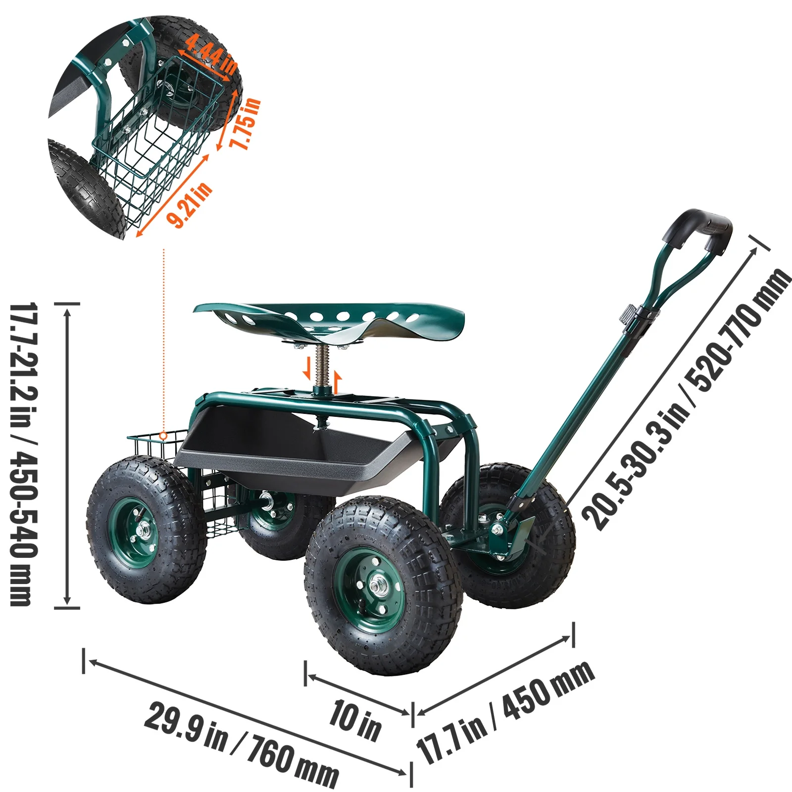 Garden Cart Rolling Workseat with Wheels, Gardening Stool for Planting, 360 Degree Swivel Seat, Wagon Scooter with Steering Handle Utility Tool Tray, Use for Patio, Yard, and Outdoors(Green) - Image 10