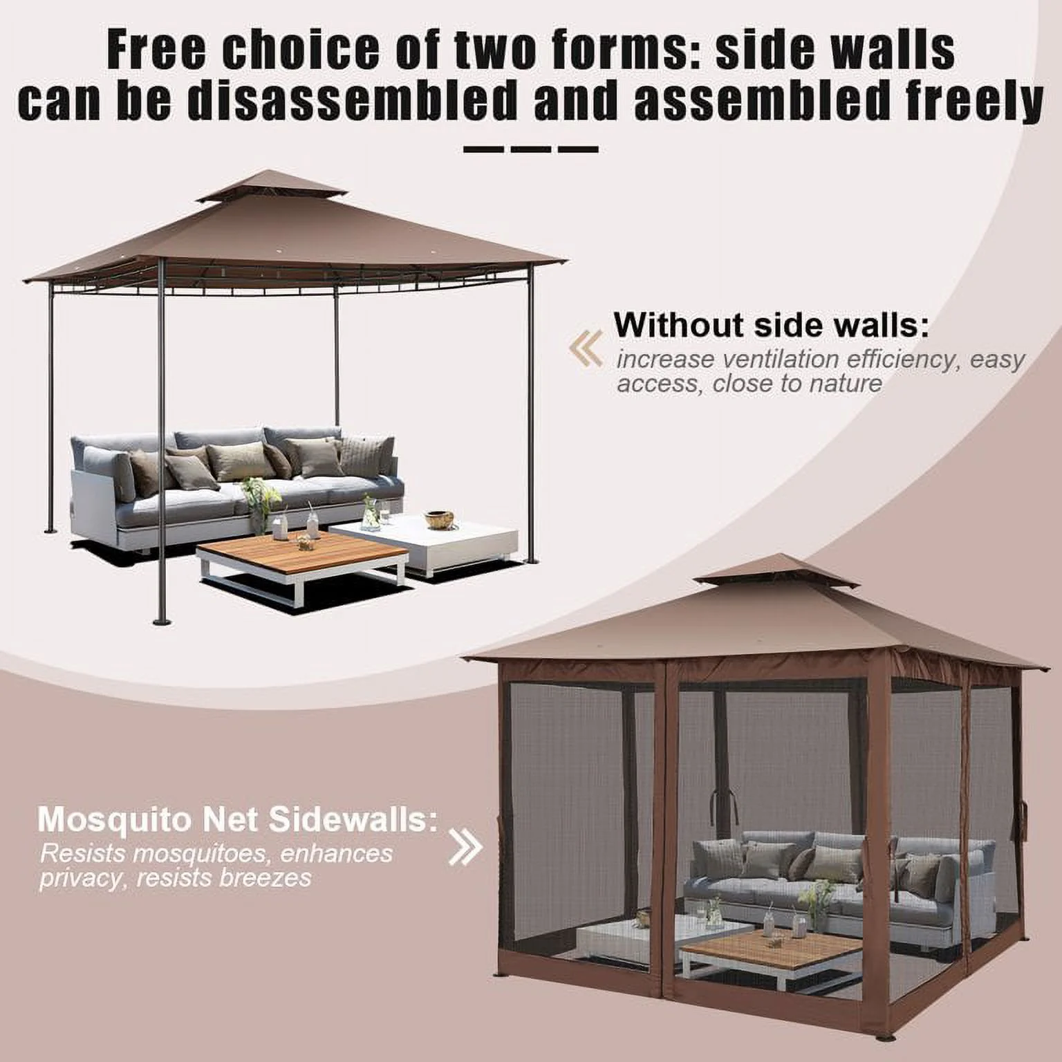 SANOPY 10' x 10' Gazebos for Patios, Gazebo Canopy with 4 Mosquito Netting, Rainproof & Sunscreen Shelter Tent with Double Eaves for Garden Backyard and Deck