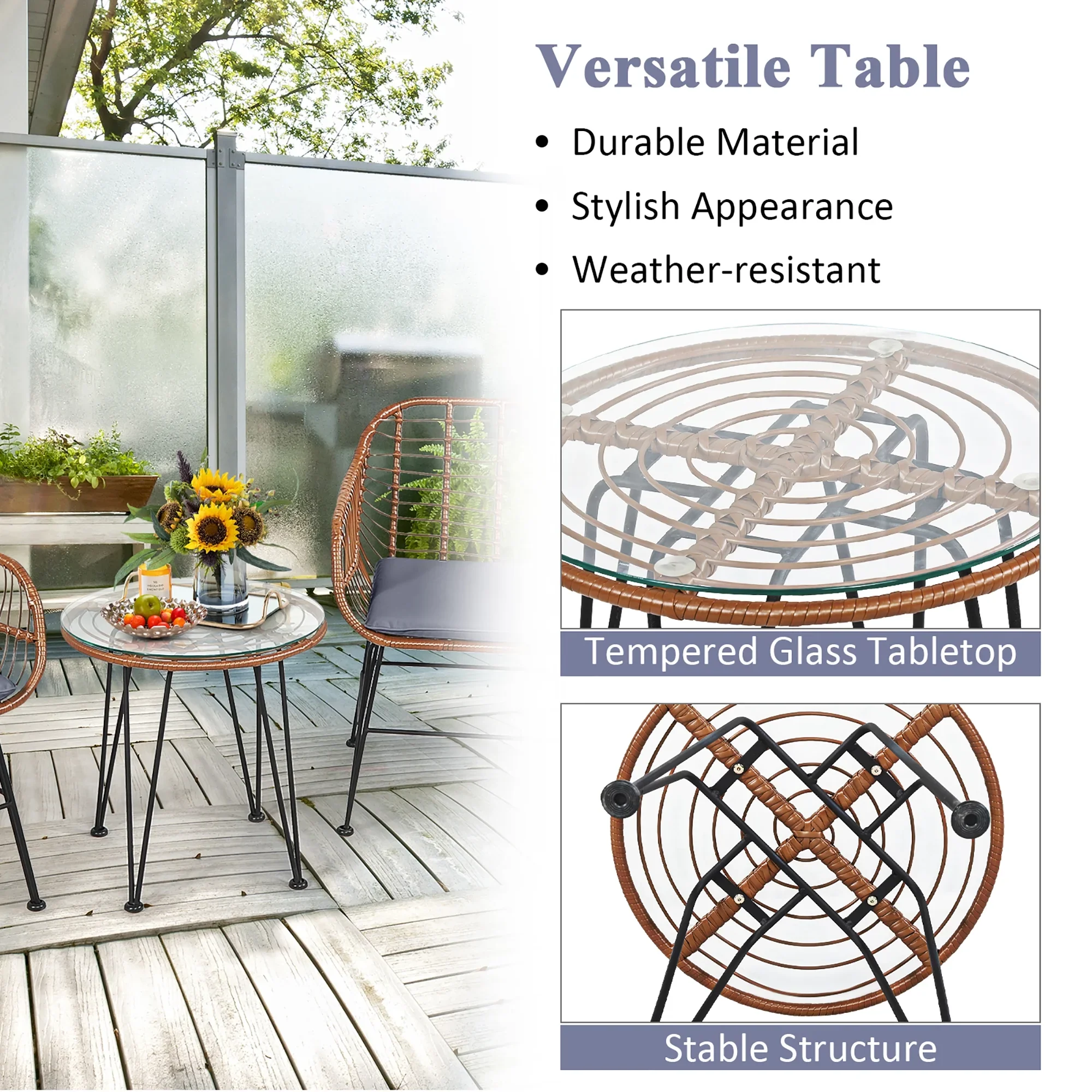 Costway 3PCS Patio Rattan Bistro Set Coffee Table Armchair Garden Red Cushion