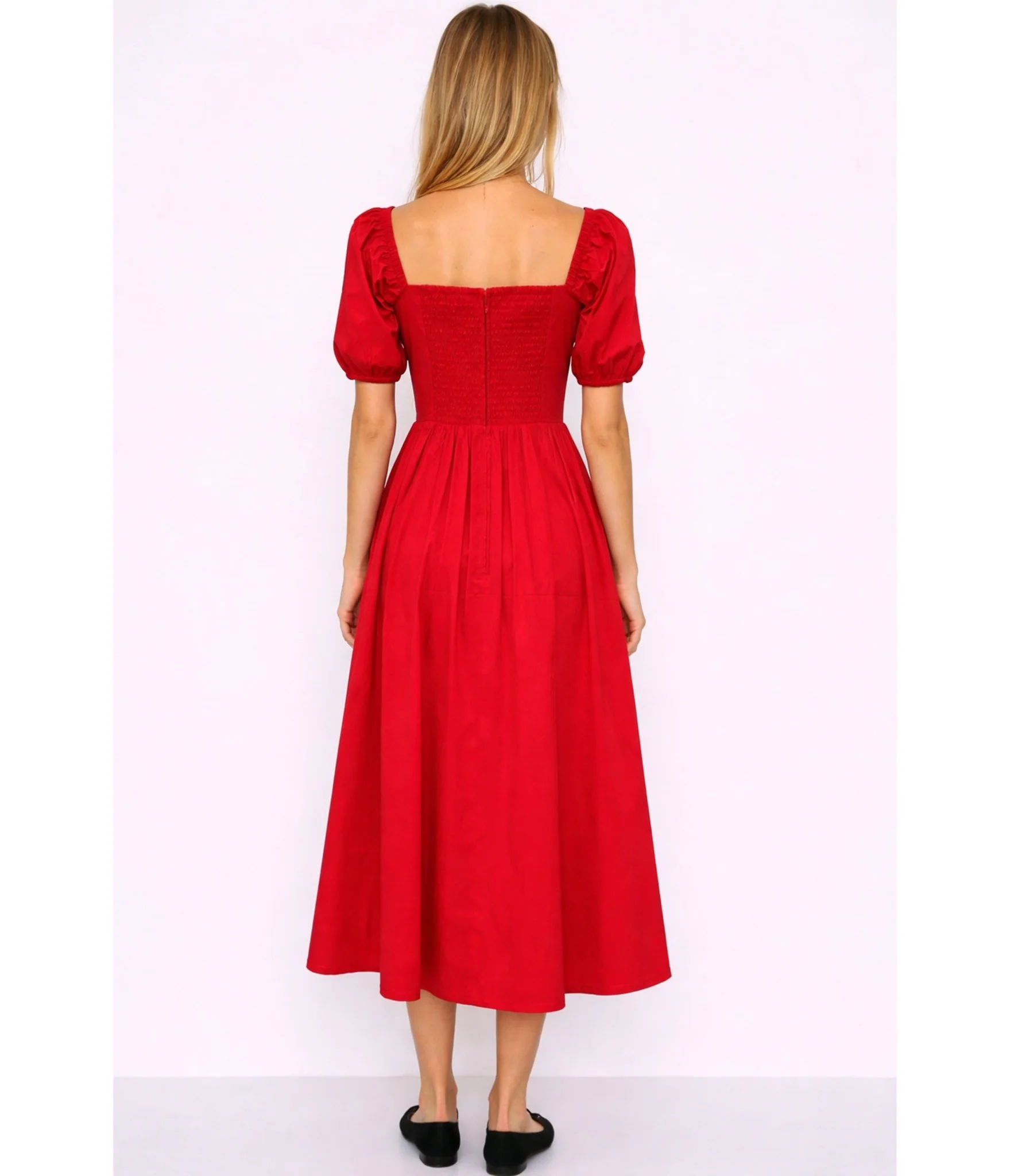 Red Puff Sleeve Midi Dress