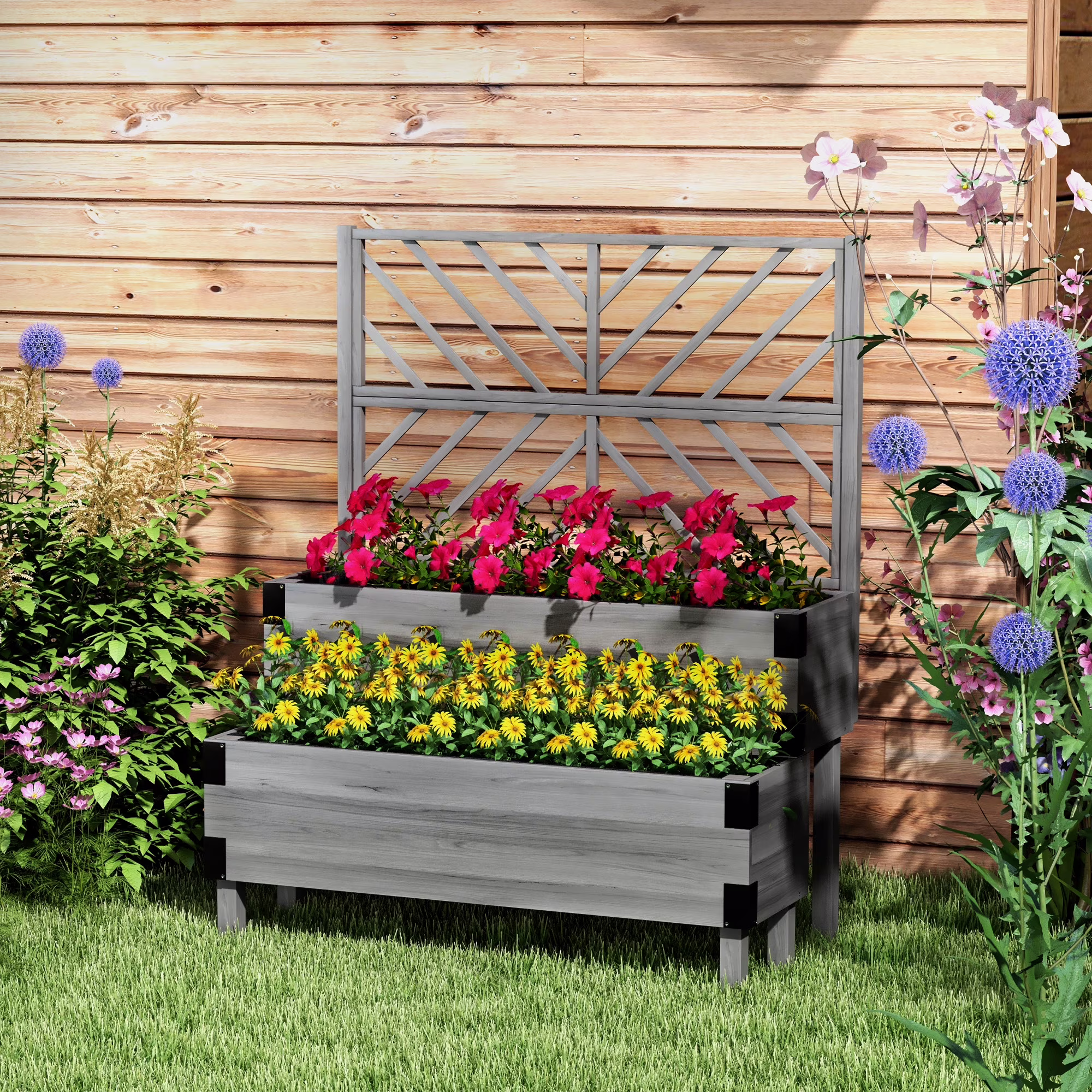 Outsunny 2 Tier Trellis Planter, 47.2�?x 15.7�?x 31.5�? Natural, Wood Garden Planter Box