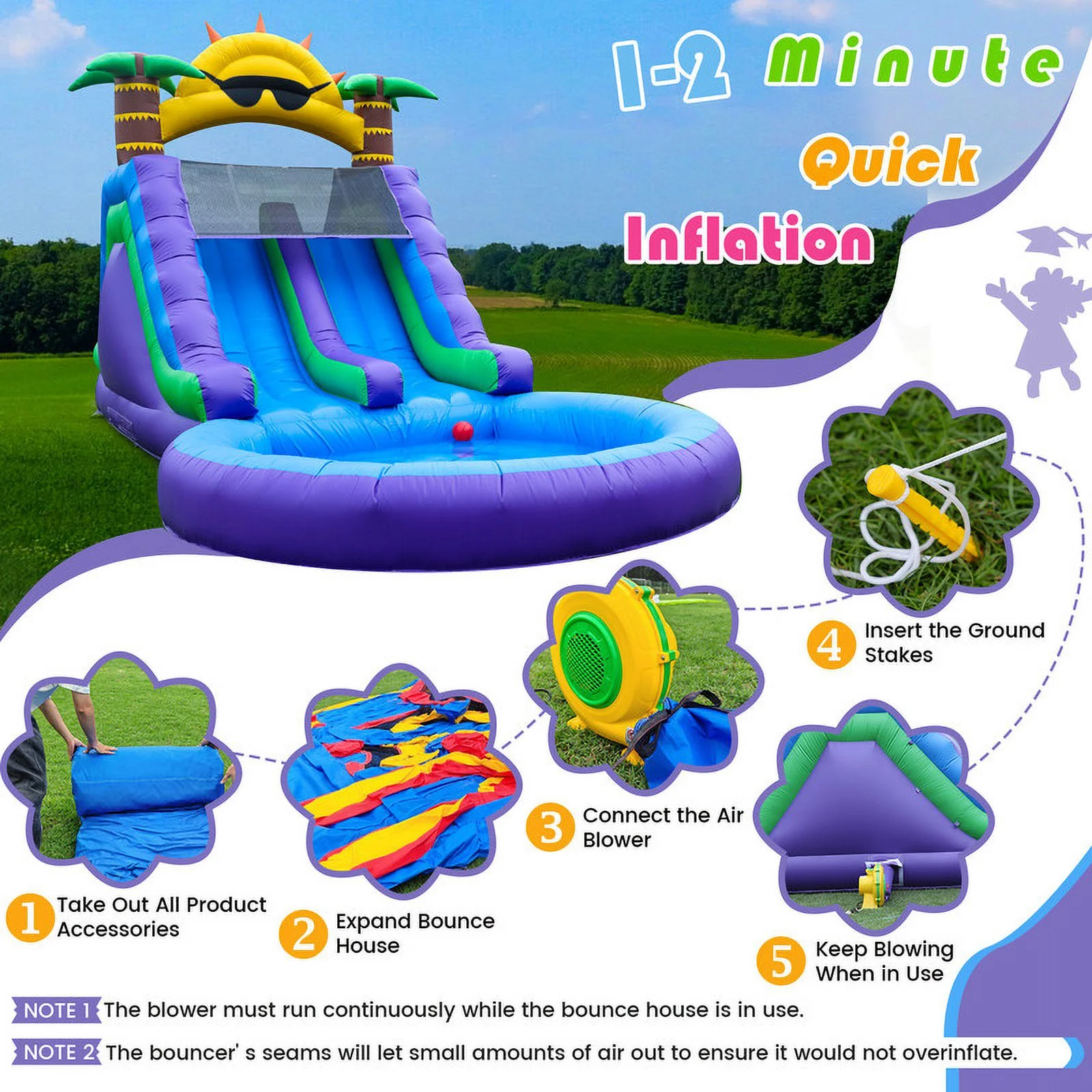 26FT Inflatable Double Water Slide for Kids Adults, PVC Inflatable Water Park with Blower, Giant Splash Pool for Backyard Outdoor Fun, 26'L x 12'W x 14'H(26x12x14FT/Multicolour) Image 8
