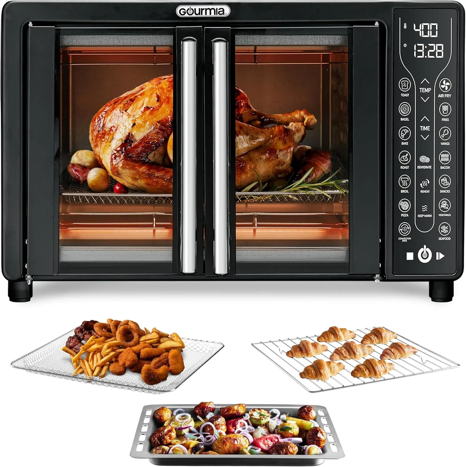 Four Gourmia avec friteuse à air chaud, 17 programmes de cuisson prédéfinis, capacité de 24 L et grille à convection.