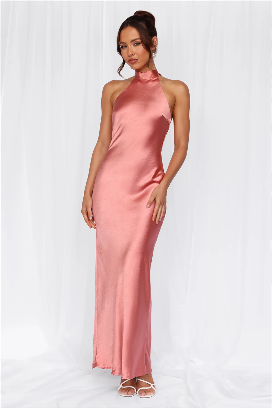 HELLO MOLLY The Cleo Halter Satin Maxi Dress Rose
