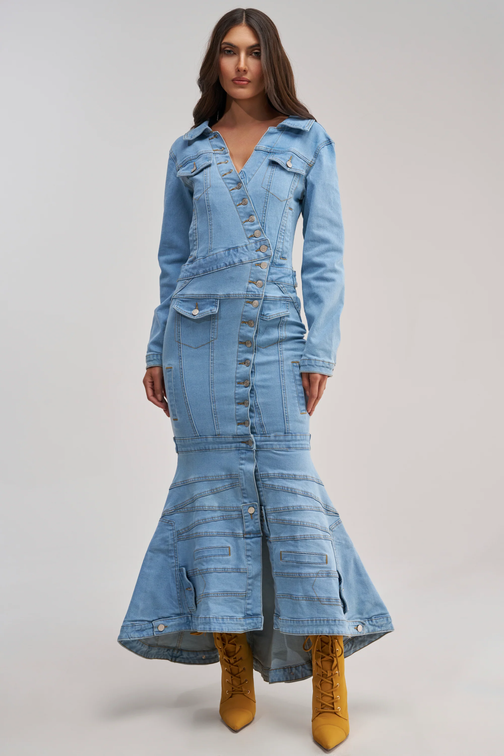 TRAPEZE BUTTON DOWN DENIM MAXI DRESS - Akira Store