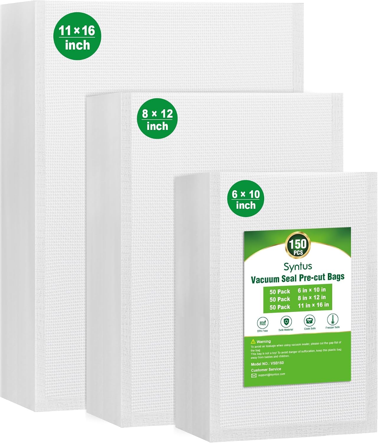Syntus 150 Pcs Vacuum Sealer Bags for Food, 8x12+11x16+6x10, BPA Free| Precut Bags, 50 Quart + 50 Gallon + 50 Pint, Sous Vide Microwave Freezer Safe, Food Vacuum Storage, For All Vacuum Sealers