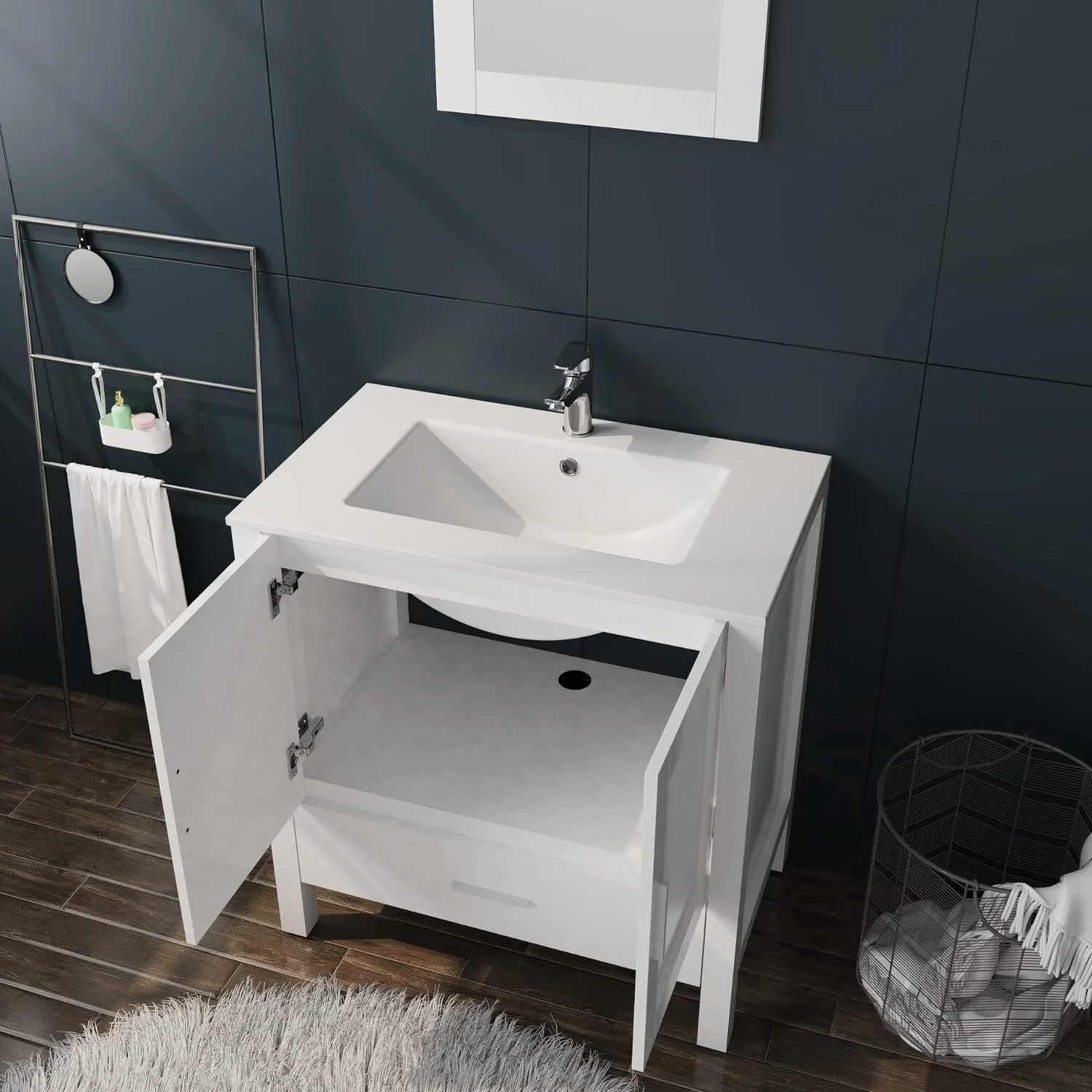 30" White Bathroom Vanity and Sink Combo Modern Drop in Sink Bathroom Cabinet with Mirror and Drain(White) - Image 6