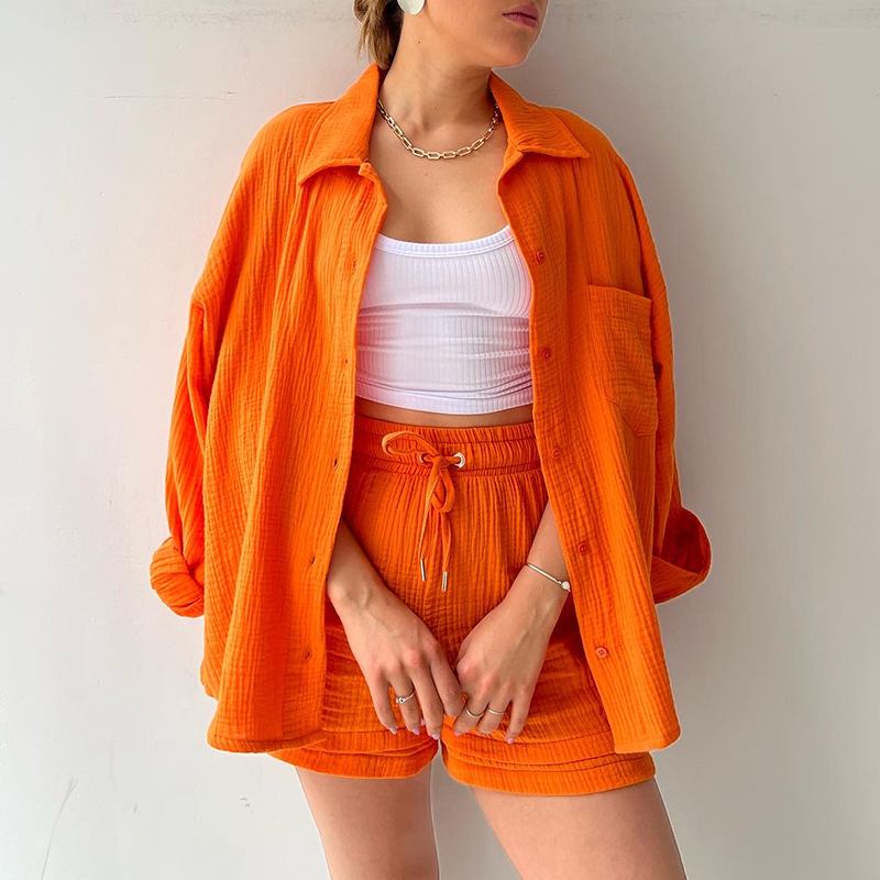2023 Amazon European and American Women's Fashion Wrinkled Fabric Turn-down Collar Long Sleeve Shirt High Waist Drawstring Shorts Fashion Casual Two-piece Set