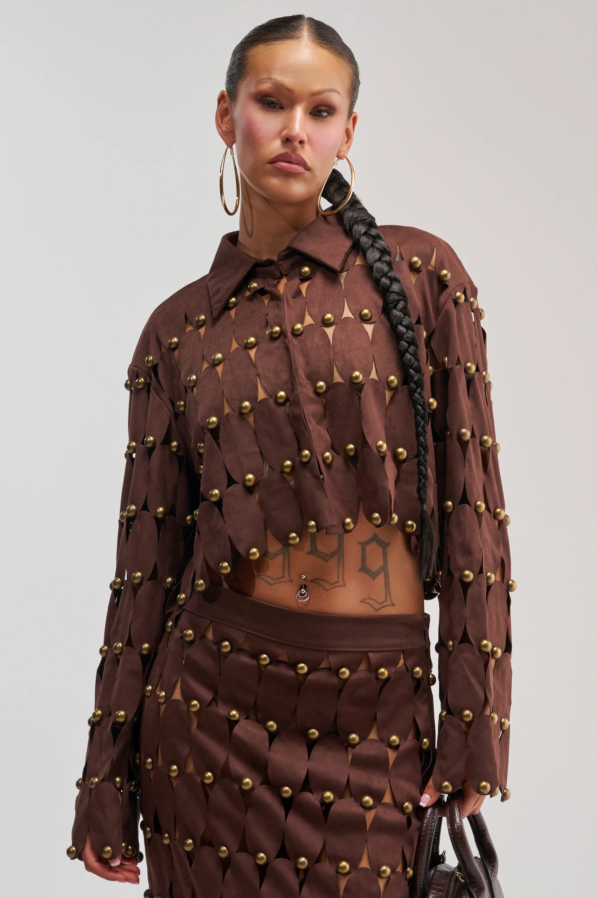 THE SNEAK PEEK STUDDED SUEDE BLOUSE - Akira Store