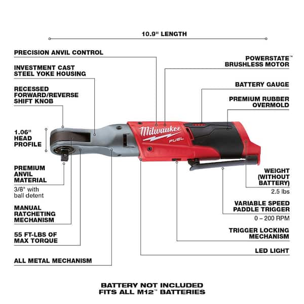 M12 FUEL 12 Volt Li Ion Brushless Cordless Hammer Drill/Impact Driver/Impact Wrench/Ratchet Combo Kit (5 Tool) Image 3