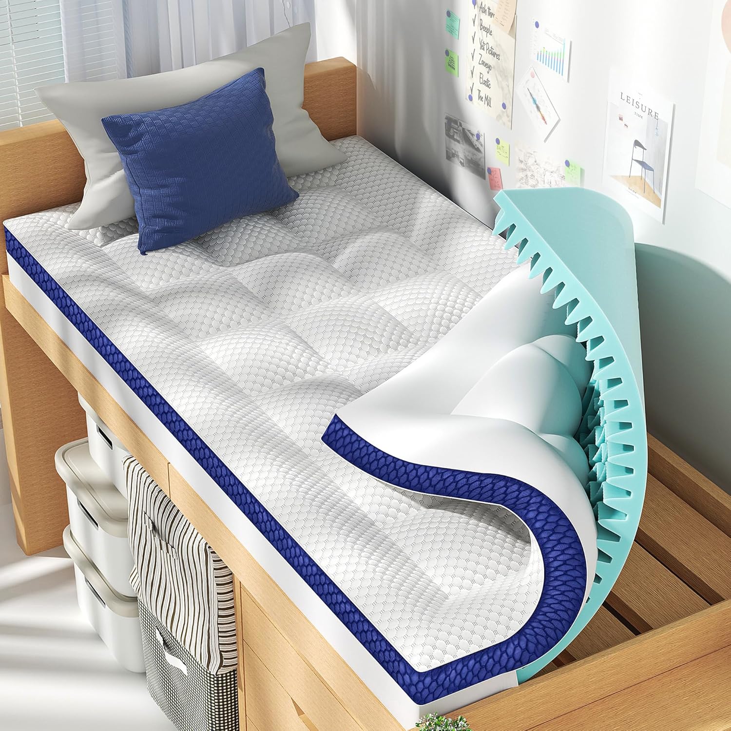 Surmatelas BEDELITE King double couche en mousse à mémoire de forme de 10 cm, surmatelas de 5 cm et matelas en mousse gel premium de 5 cm, avec poches extensibles jusqu'à 15-60 cm.