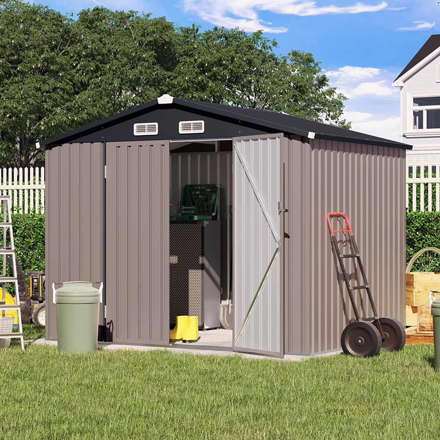 JOIVI 8'x6' Outdoor Storage Shed, Galvanized Metal Tool Storage Shed, Weather Resistant Garden Shed W/Lock for Backyard Patio Lawn, Brown