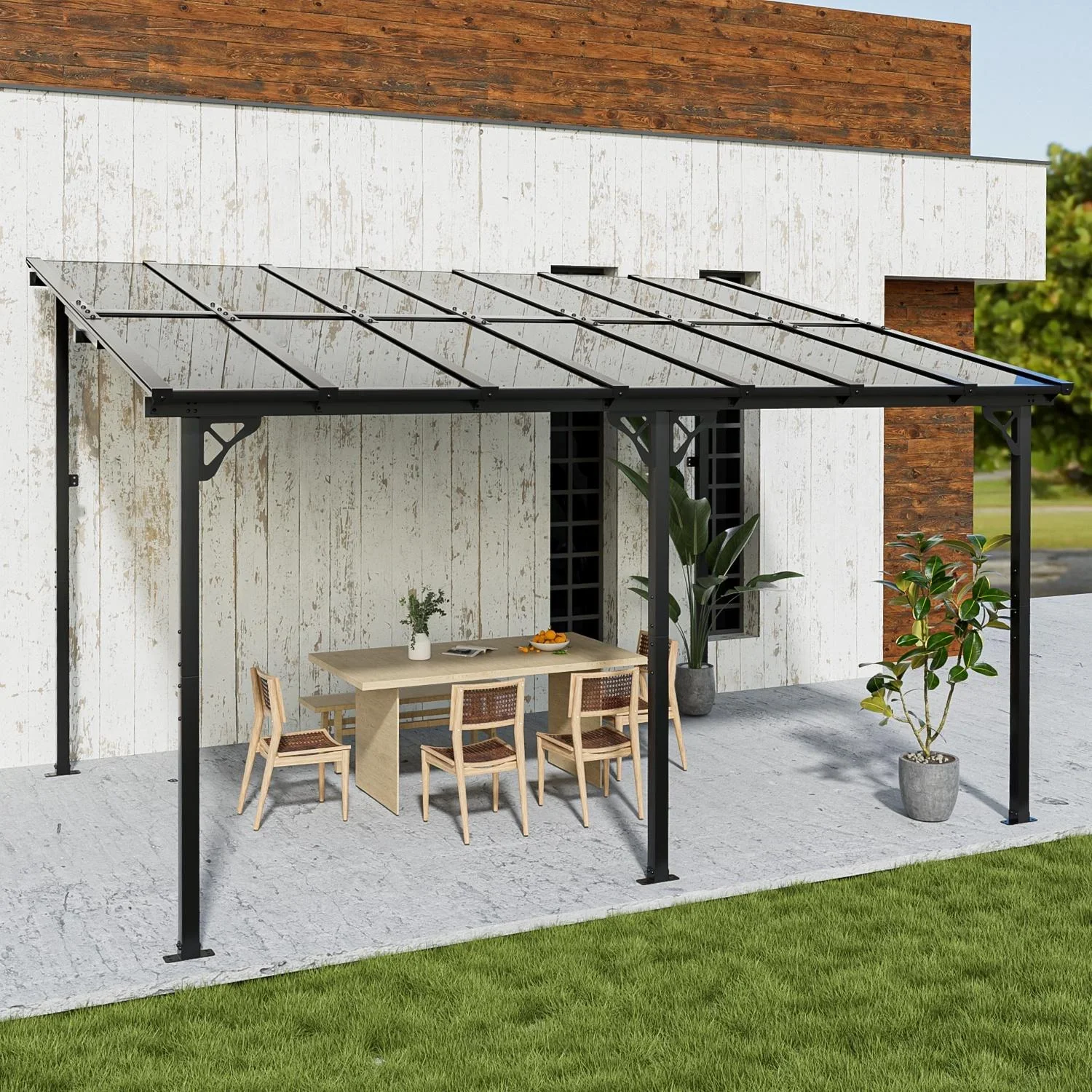 Sunmthink 10'x14' Hardtop Gazebo, Outdoor Wall-Mounted Aluminum Pergola with Sun Panels for Garden, Patio, Backyard, Gray