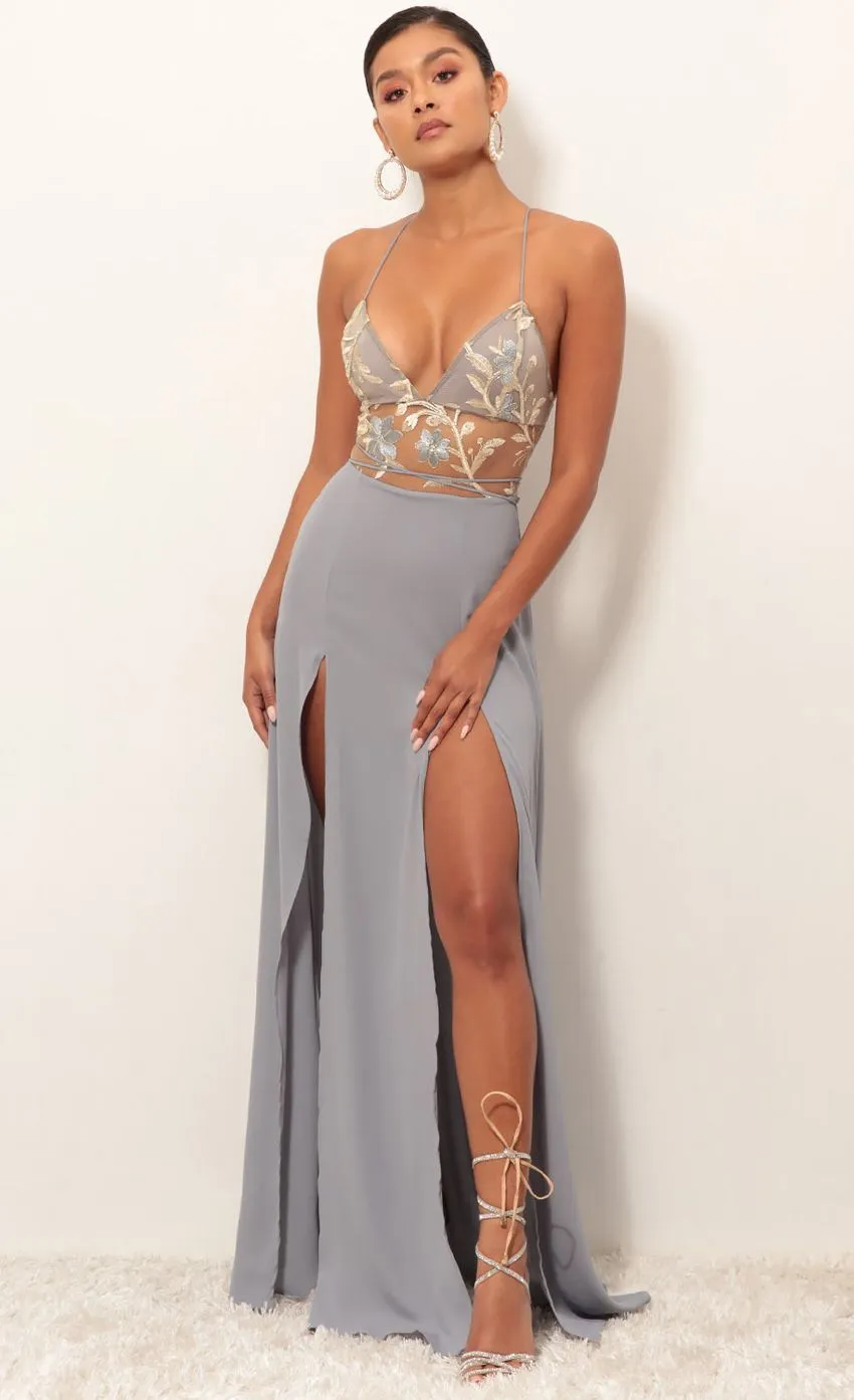Gold Lace Maxi Dress in Grey