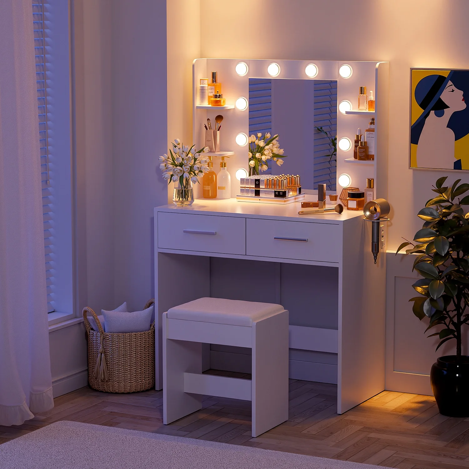 Makeup Vanity Desk with Lighted Mirror Power Outlet, Makeup Vanity with stool,White(White/2 Pack) - Image 3