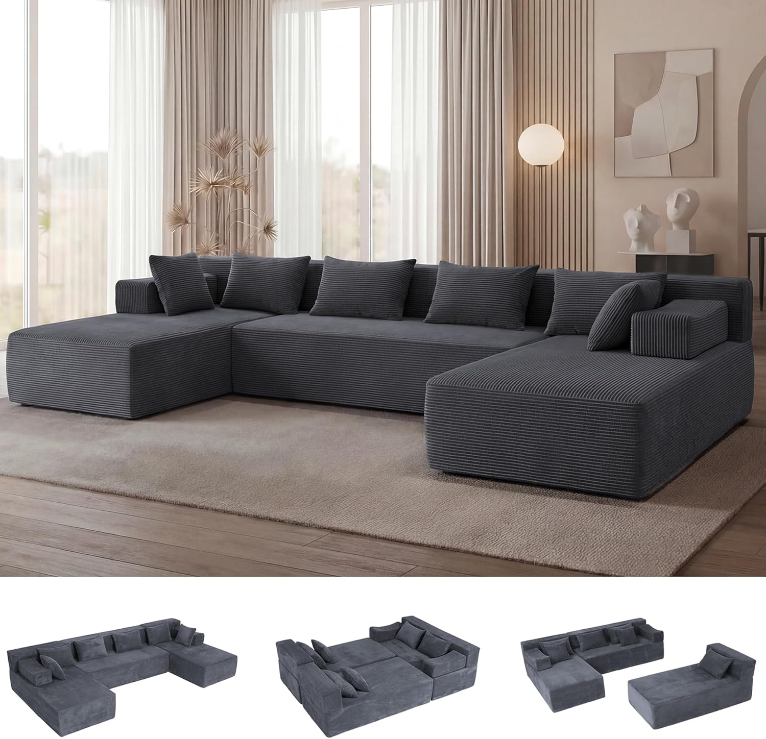 141'' Modular Sectional Sofa, PRO Version U-Shape Boneless Couch, Oversized Deep Seating Cloud Couch, No Assembly, High-Resilience Foam, Soft Corduroy Fabric, for Living Room Apartments Grey | High-Resilience Foam