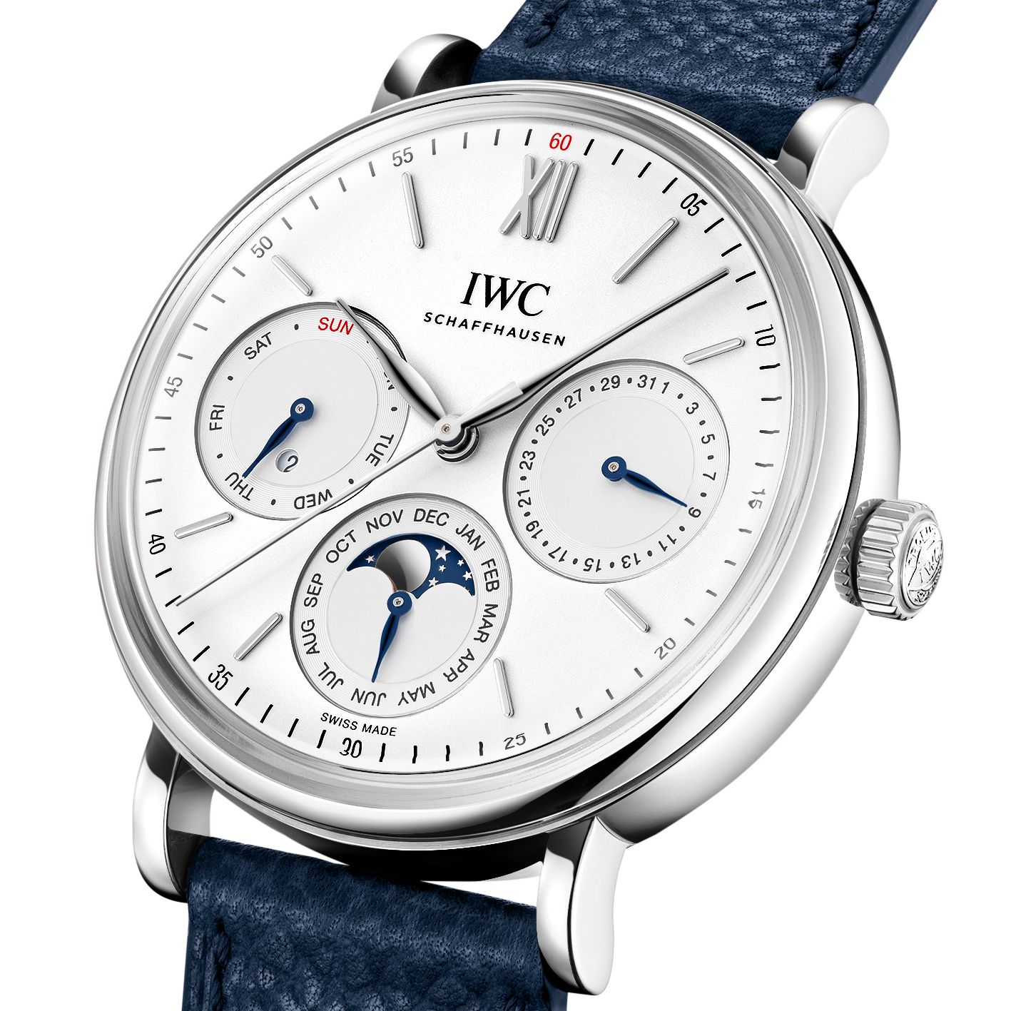 【Super Clone】IWC Schaffhausen Portofino Perpetual Calendar 40 mm Silver Dial Stainless Steel Blue Strap IW344601