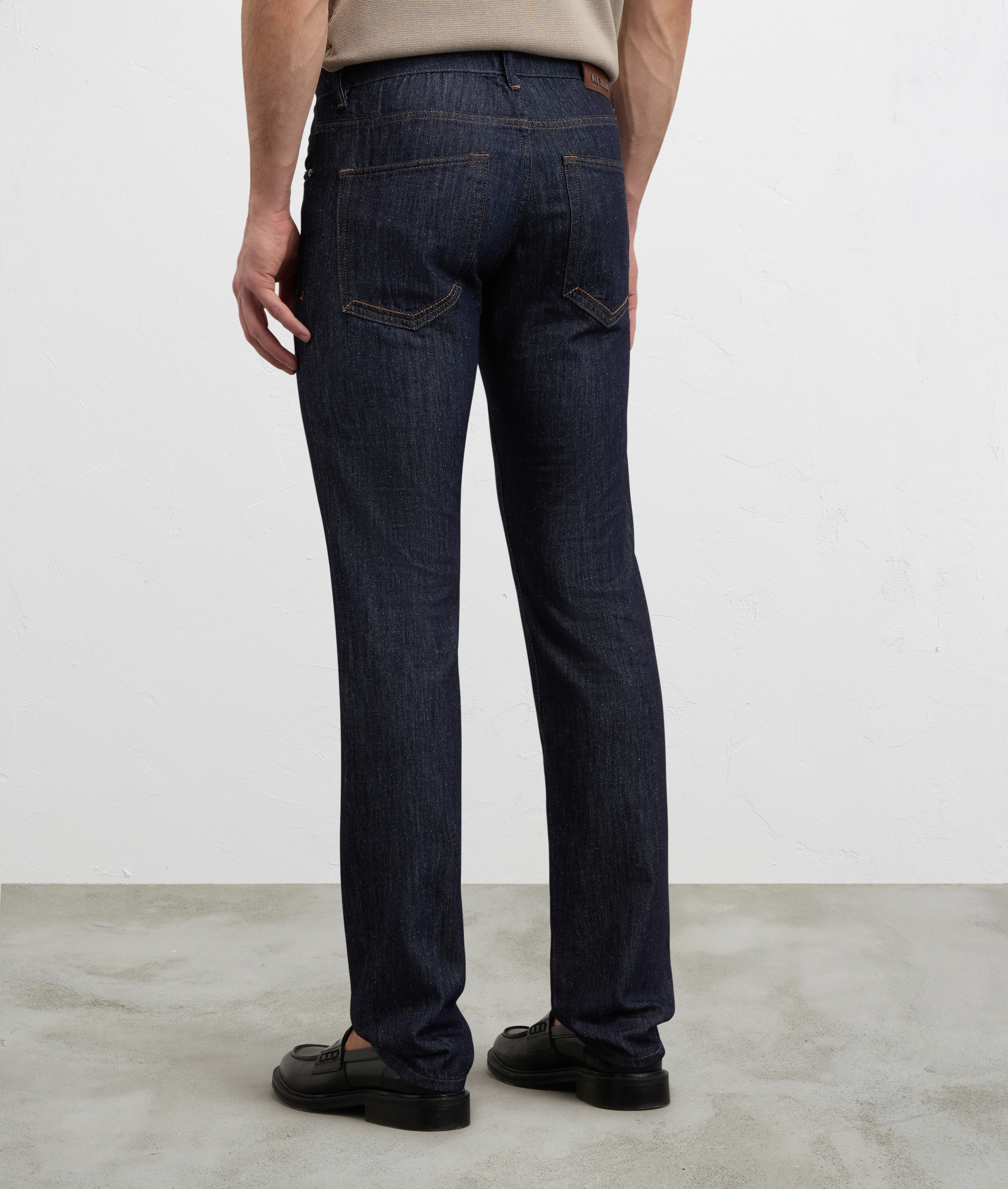 NAVY BLUE COTTON AND SILK DENIM WITH LEATHER BADGE AND METAL LOGO