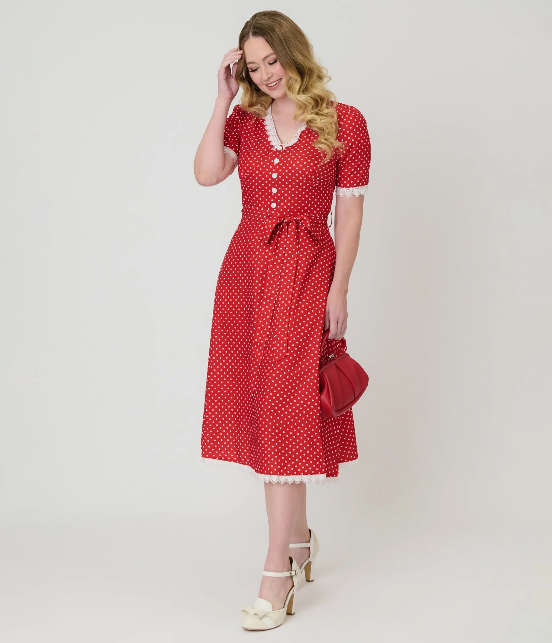 Red Polka Dot V-Neck Swing Dress