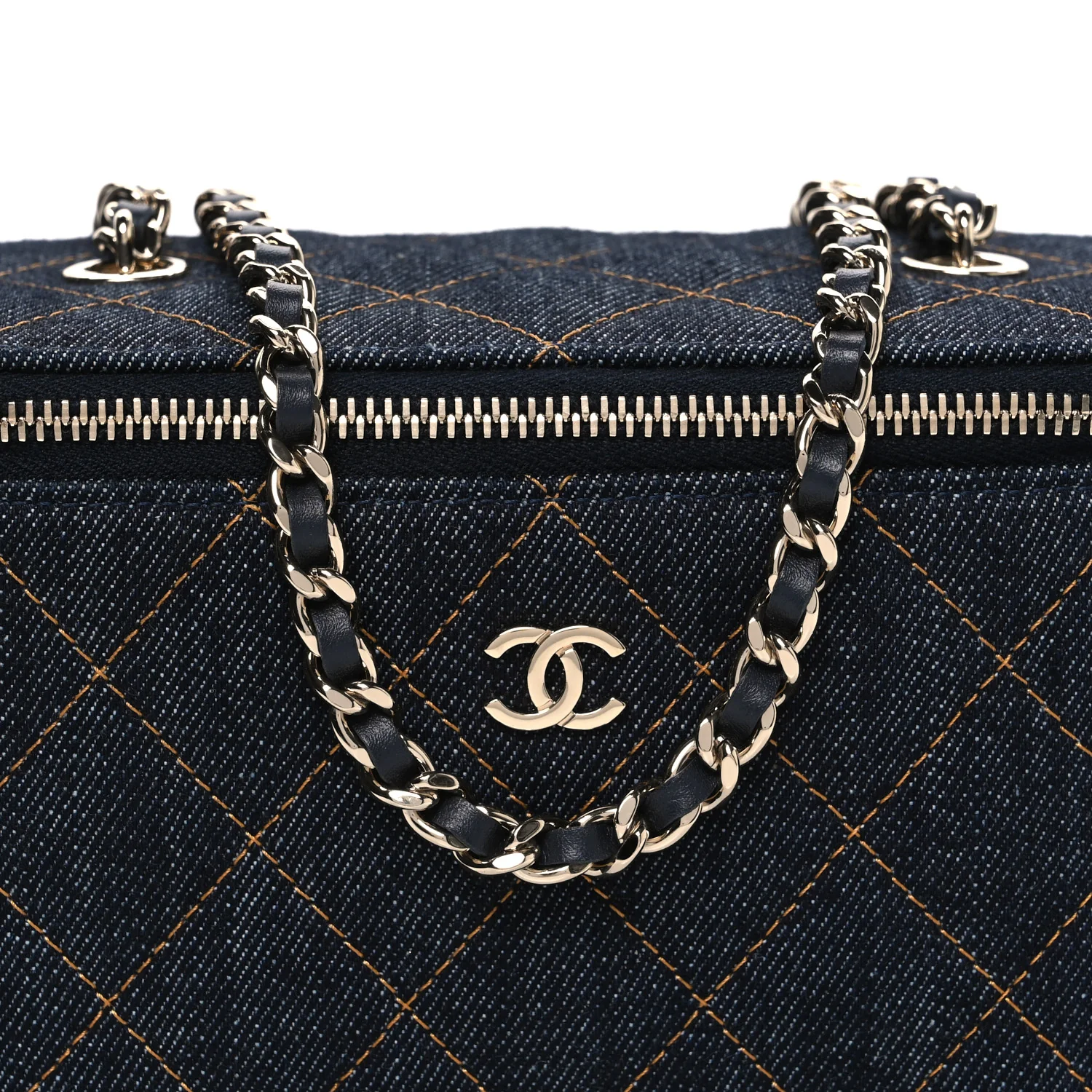 Denim Quilted Vanity Case With Chain Dark Blue Orange