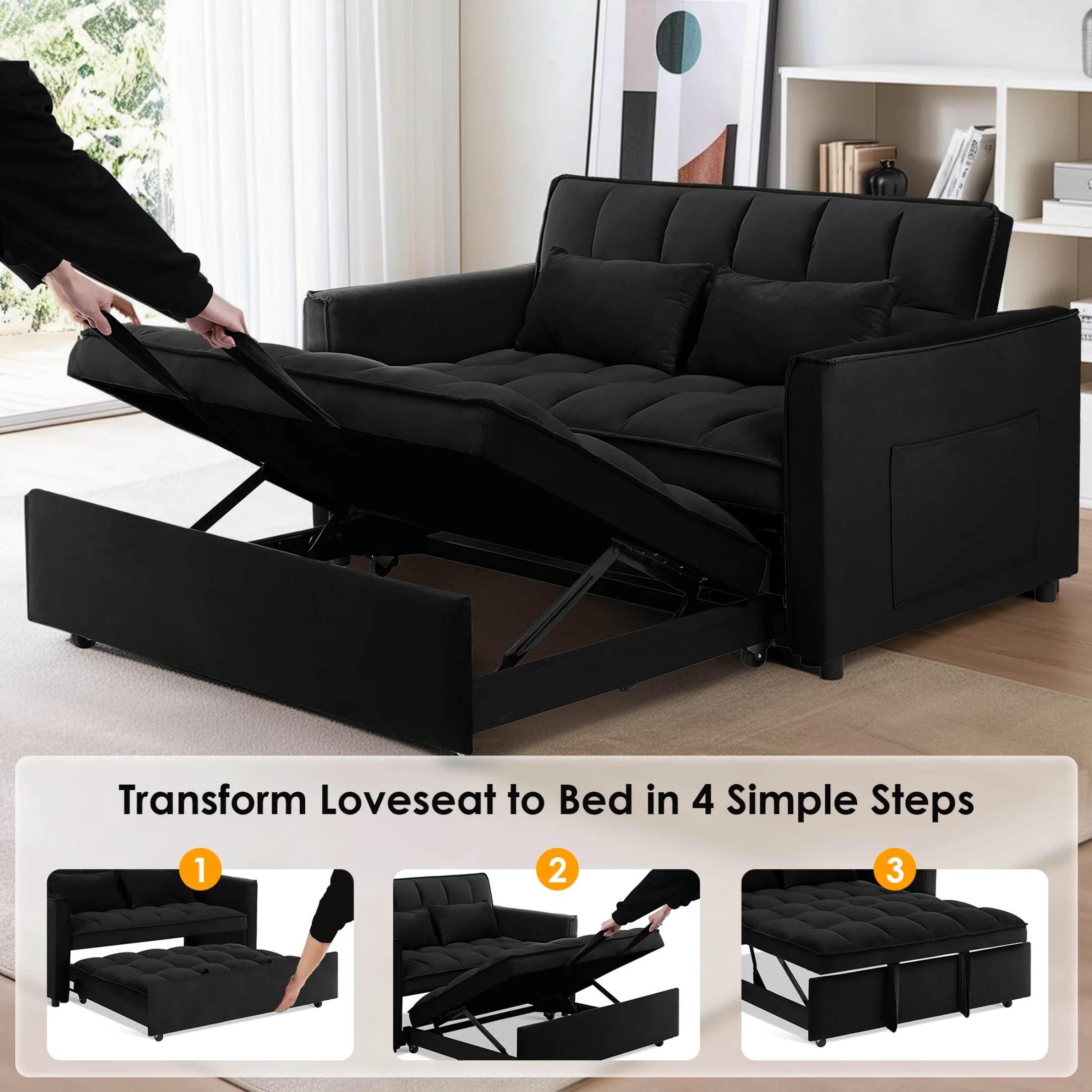 Convertible Sofa Bed, 3 in 1 Pull Out Sleeper Loveseat Couch with Storage, Black(Black) - Image 8