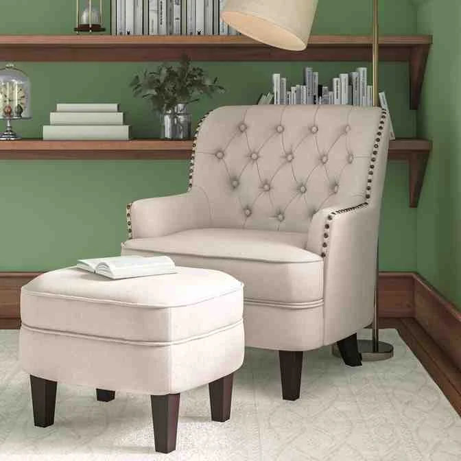 Fauteuil à oreilles capitonné Elroy de 81 cm de large et son repose-pieds