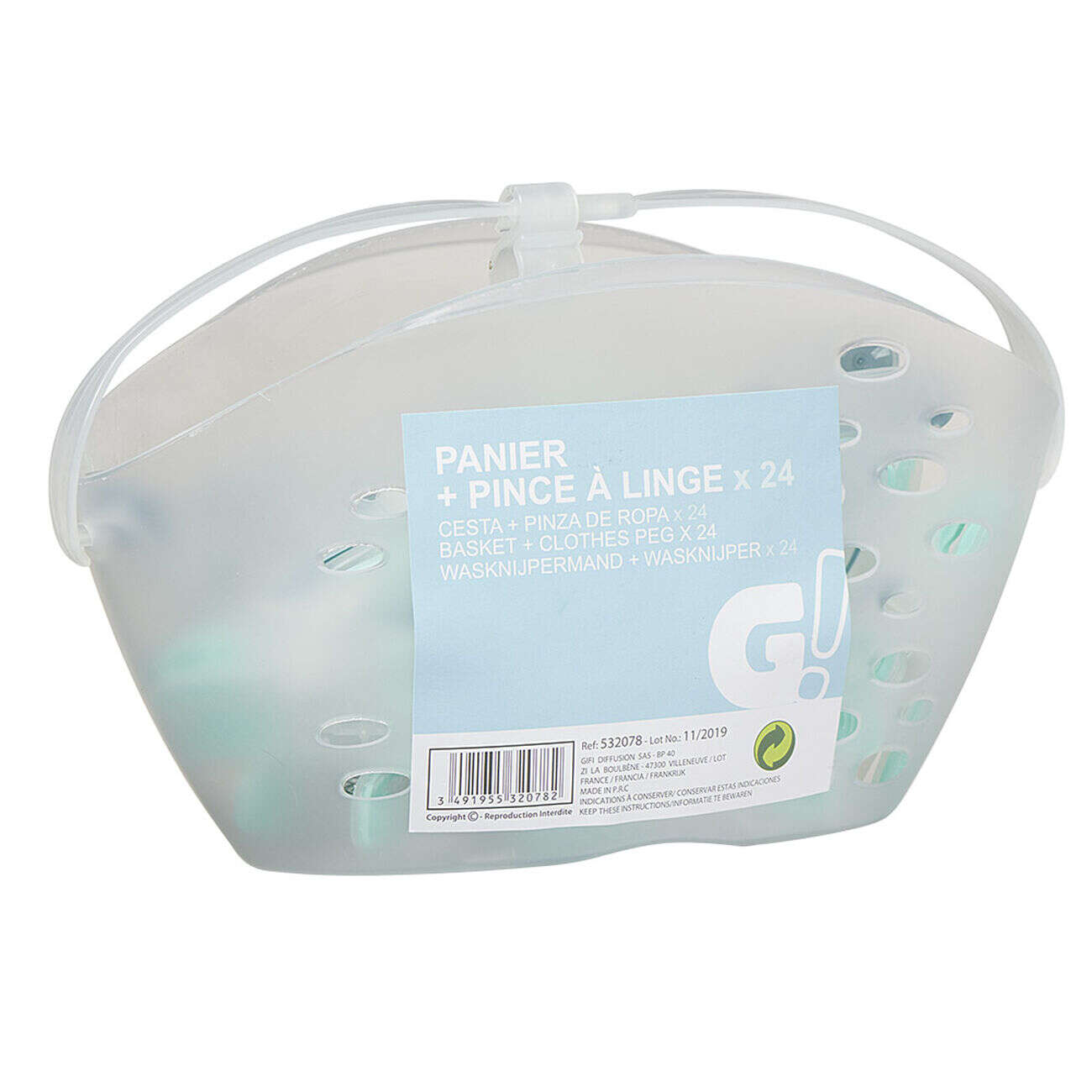 Panier transparent et pince à linge x24