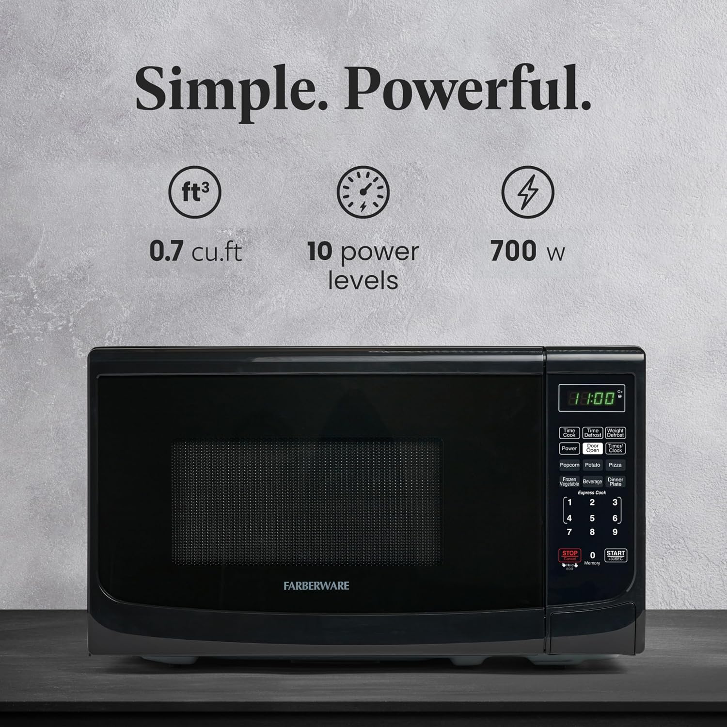 Farberware 0.7 CuCountertop Microwave Oven – 700 Watts Power, Auto Cook Settings, Defrost, Easy Clean and Child Safety Lock - Black