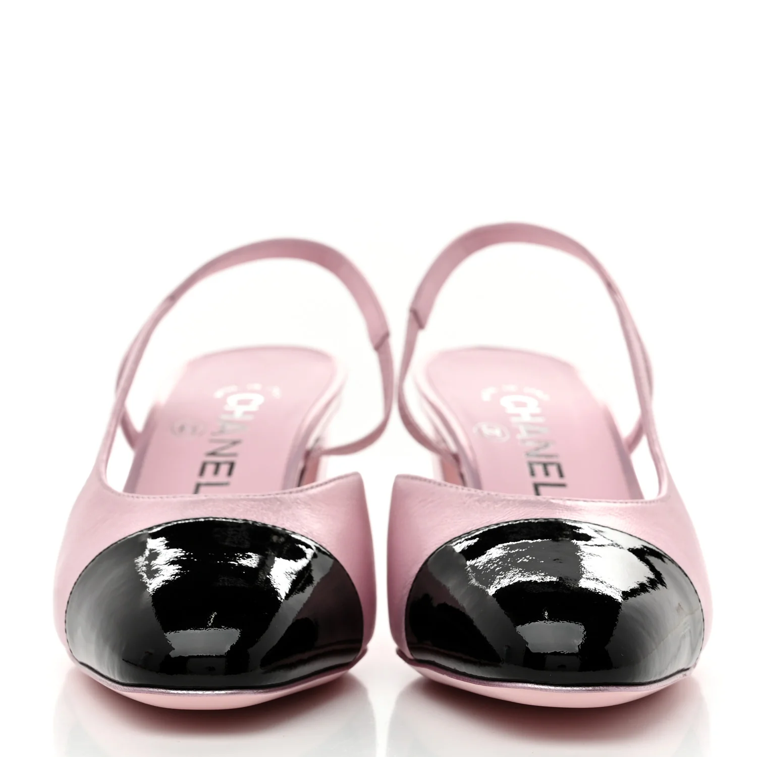 Laminated Lambskin Patent Cap Toe CC Slingback Pumps 37 Light Pink Black