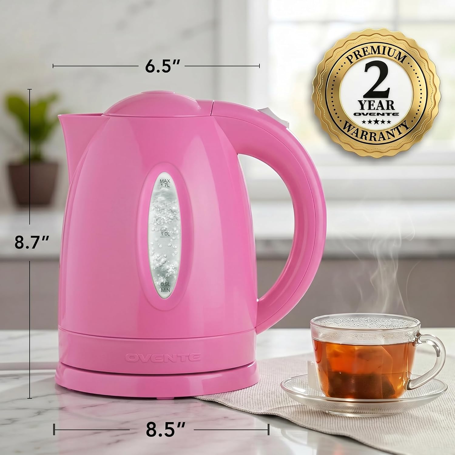 OVENTE 1.7L Electric Tea Kettle, 1100W BPA-Free Water Boiler, Pink KP72P