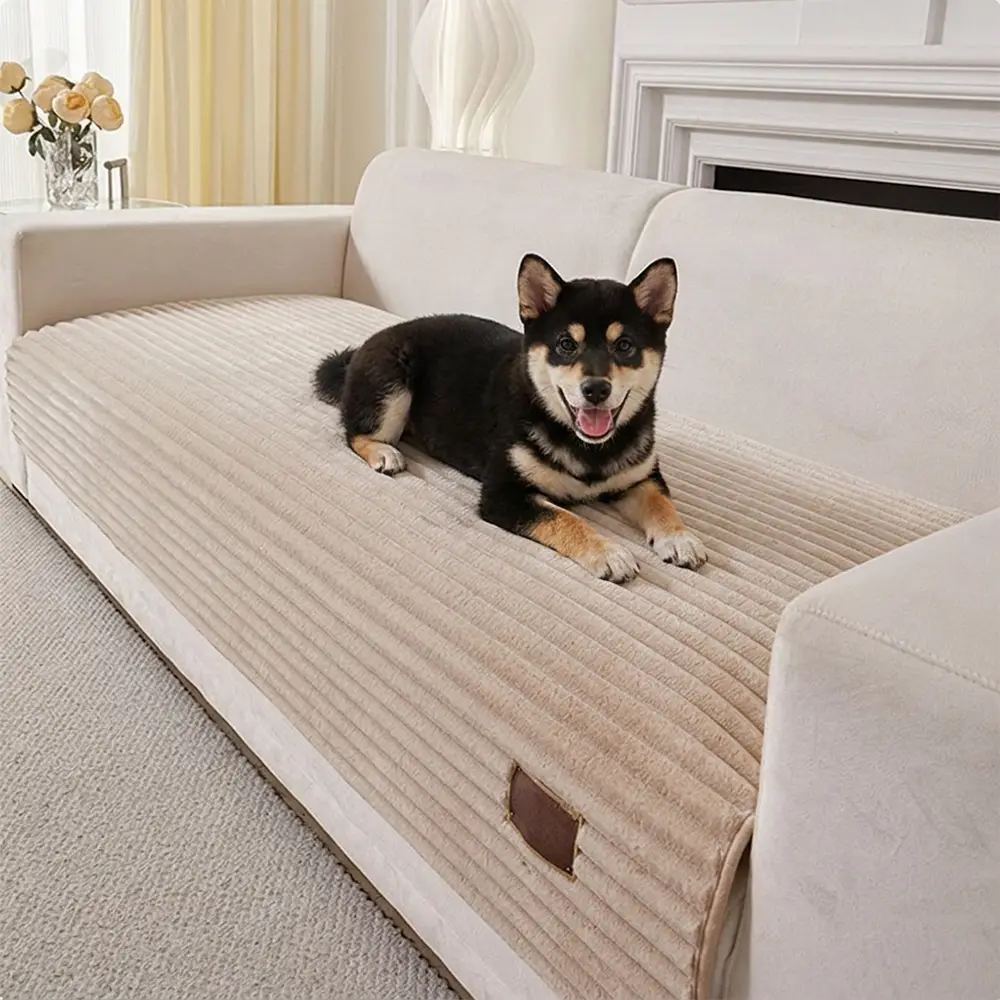 Furry Striped Sofa Protection Non-Slip Plush Couch Cover - Solid