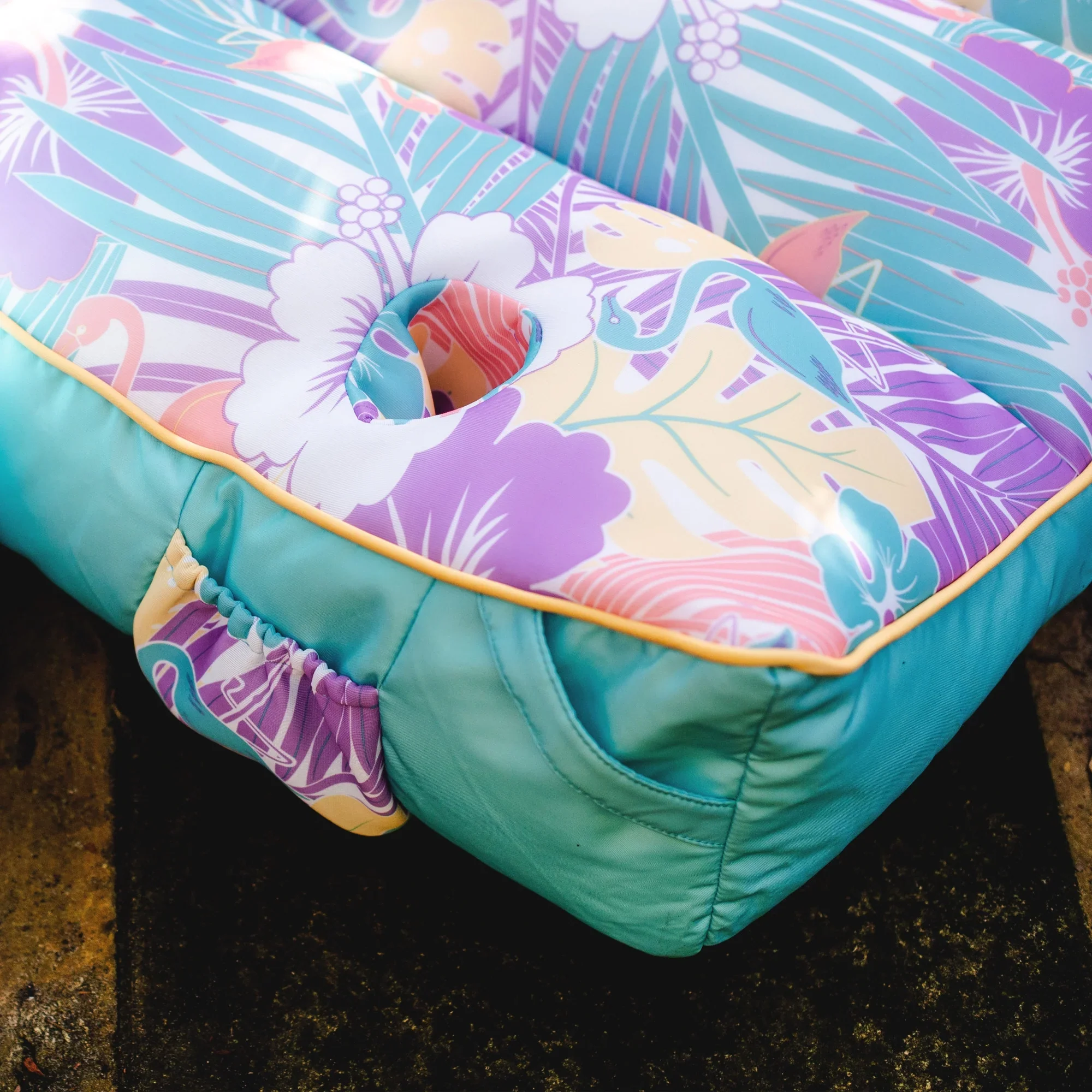 Big Joe Captain's Float No Inflation Needed Pool Lounger with Drink Holder, Tropical Hibiscus Aqua Double Sided Mesh, Quick Draining Fabric, 3 feet